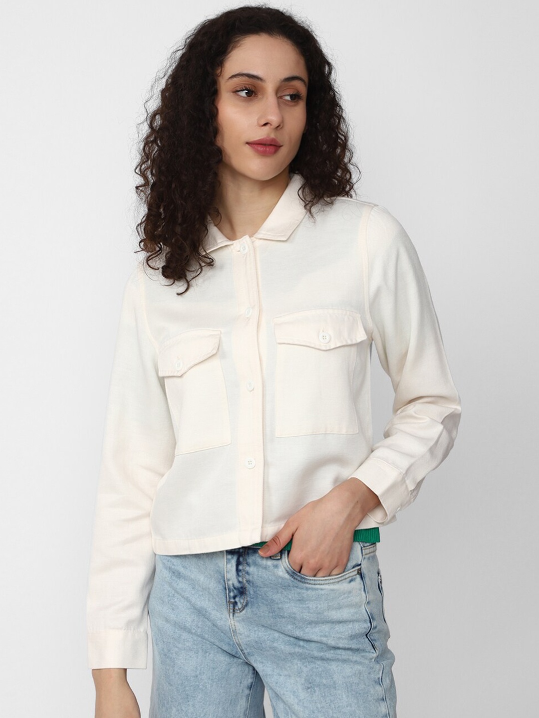 

Van Heusen Woman Spread Collar Crop Denim Jacket, Cream