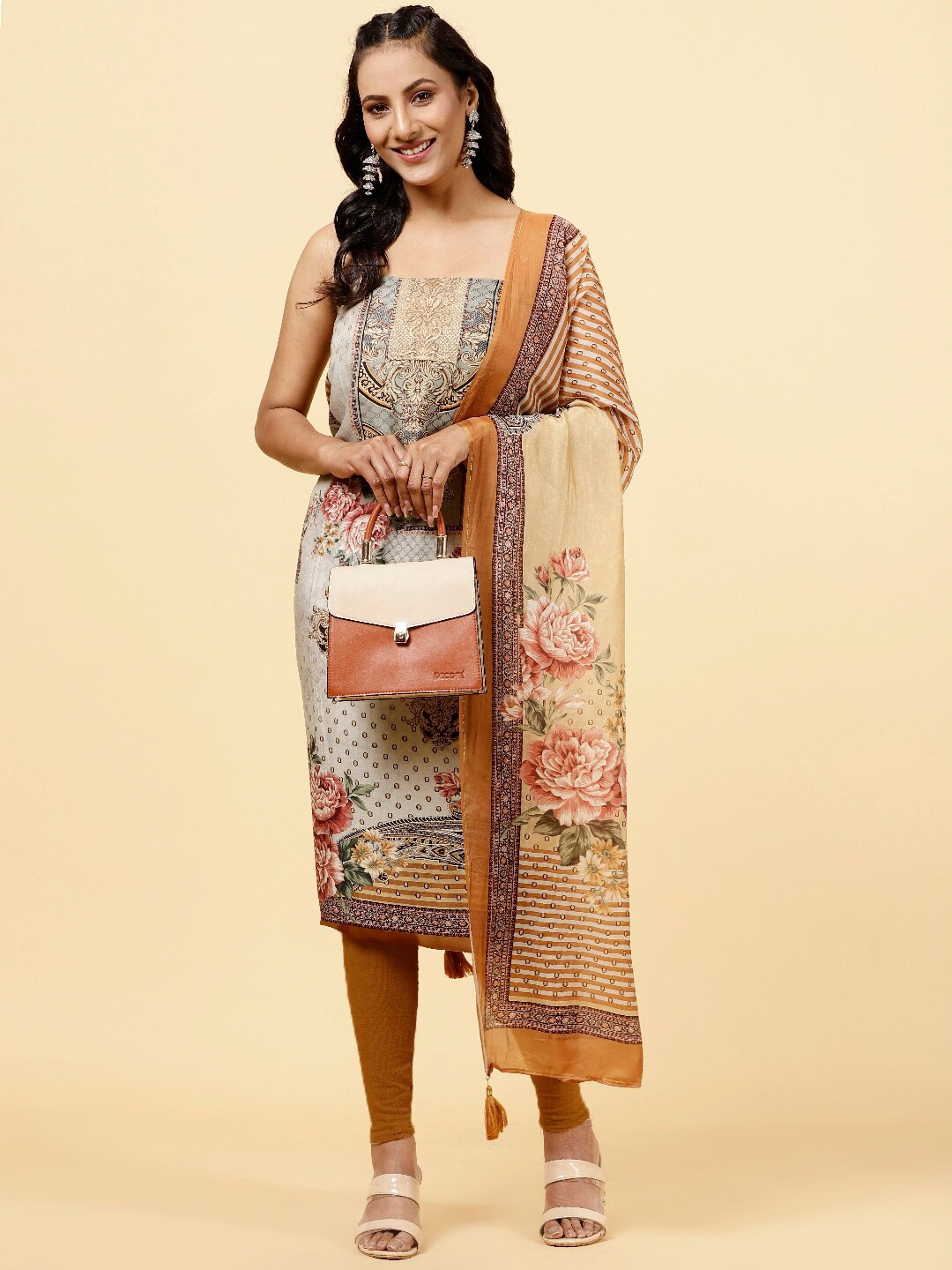 

Meena Bazaar Printed Art Silk Unstitched Dress Material, Beige