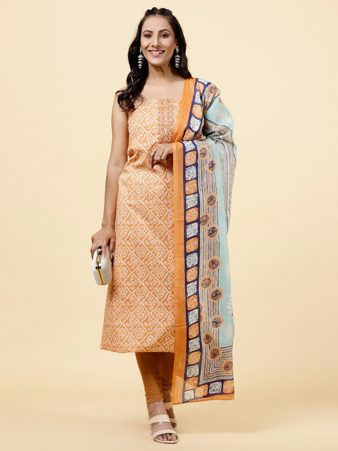 

Meena Bazaar Ethnic Motifs Printed Unstitched Dress Material, Orange