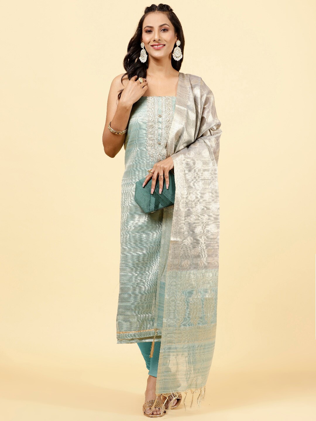 

Meena Bazaar Ethnic Motifs Embroidered Art Silk Unstitched Dress Material, Green
