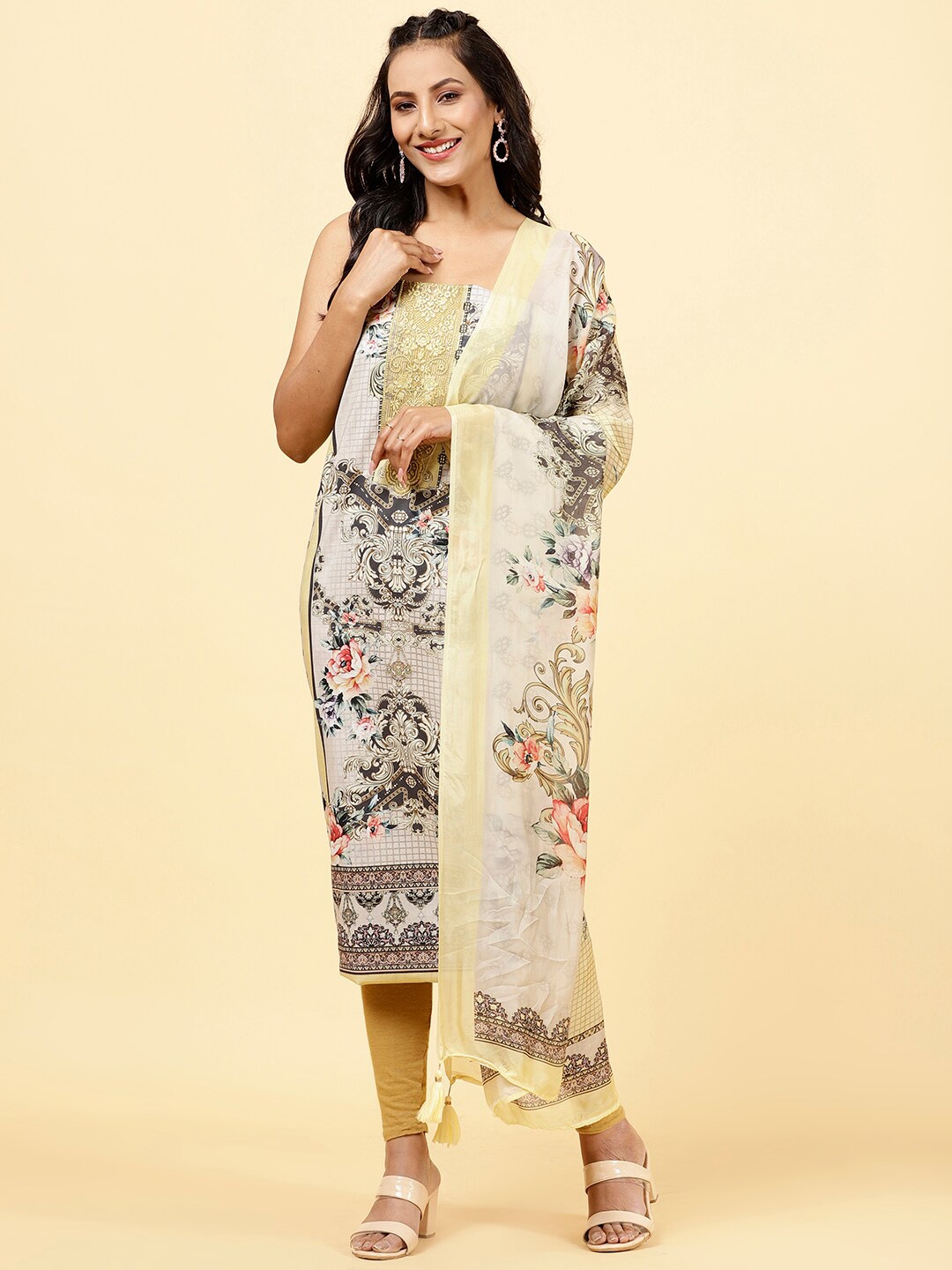 

Meena Bazaar Floral Printed Art Silk Unstitched Dress Material, White
