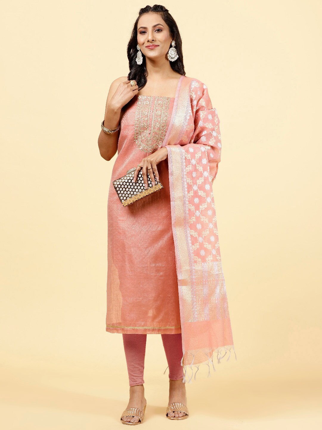 

Meena Bazaar Embroidered Art Silk Unstitched Dress Material, Peach