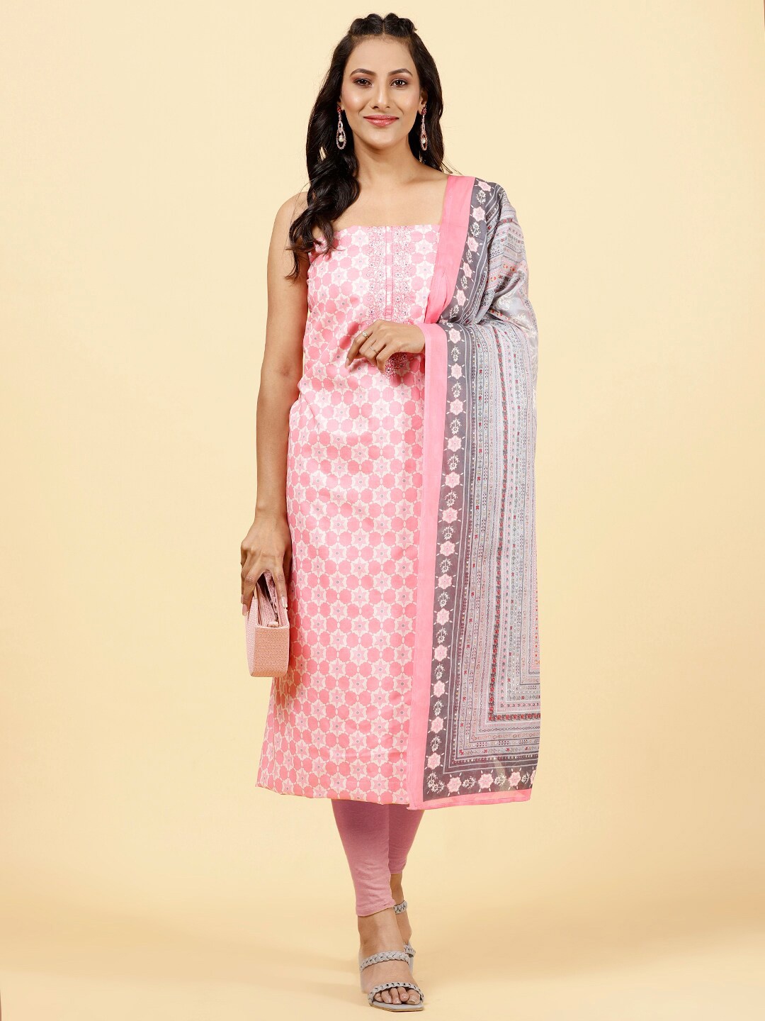 

Meena Bazaar Floral Printed Unstitched Dress Material, Pink