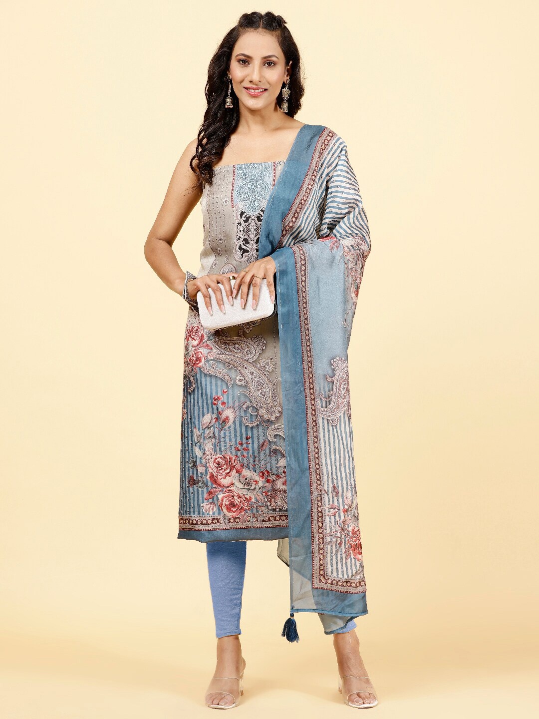 

Meena Bazaar Ethnic Motifs Printed Art Silk Unstitched Dress Material, Beige
