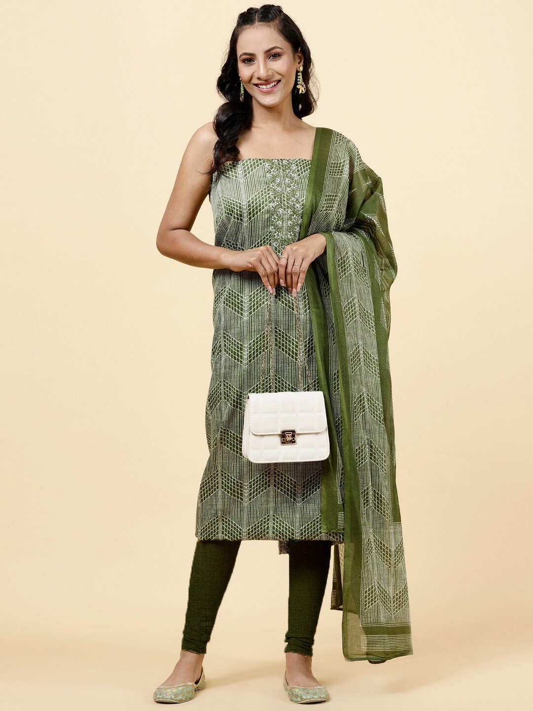 

Meena Bazaar Geometric Printed Unstitched Dress Material, Green