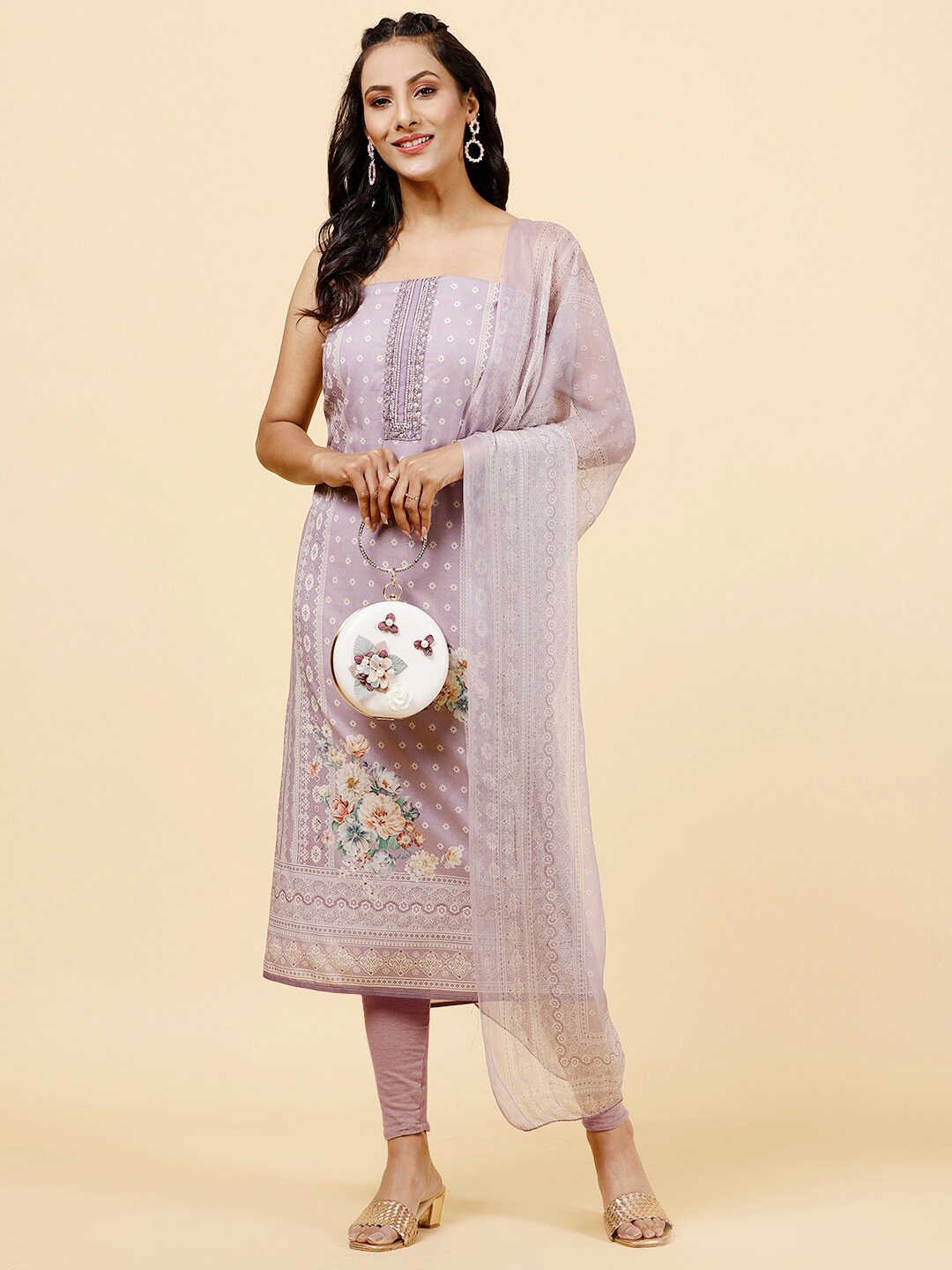 

Meena Bazaar Floral Printed Unstitched Dress Material, Purple