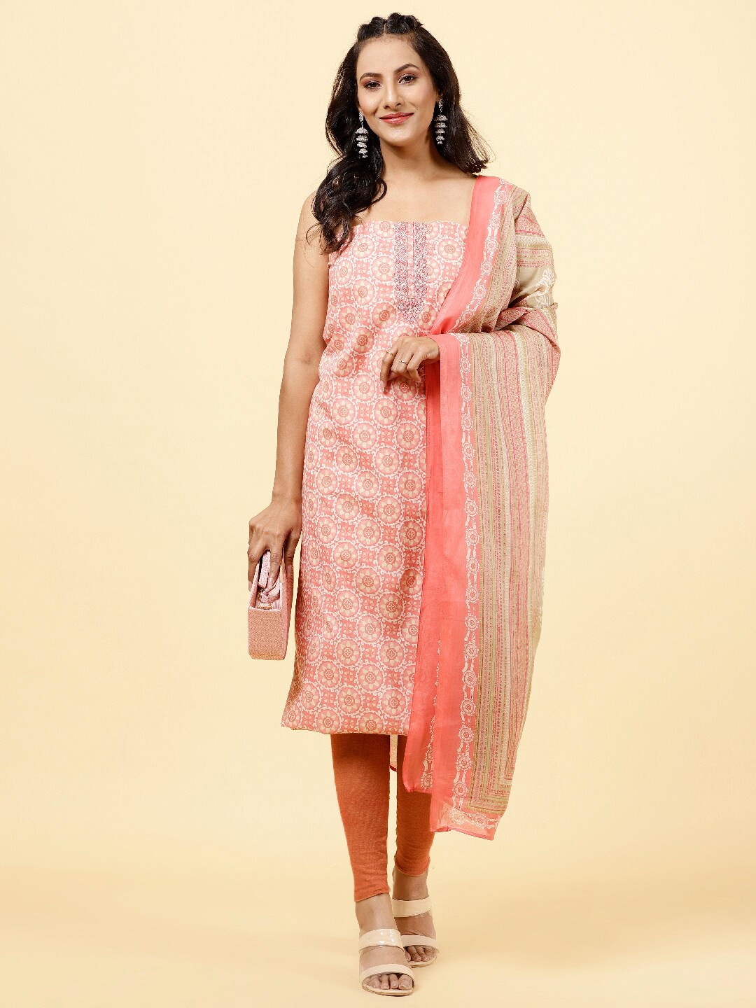

Meena Bazaar Ethnic Motifs Printed Unstitched Cotton Dress Material, Peach