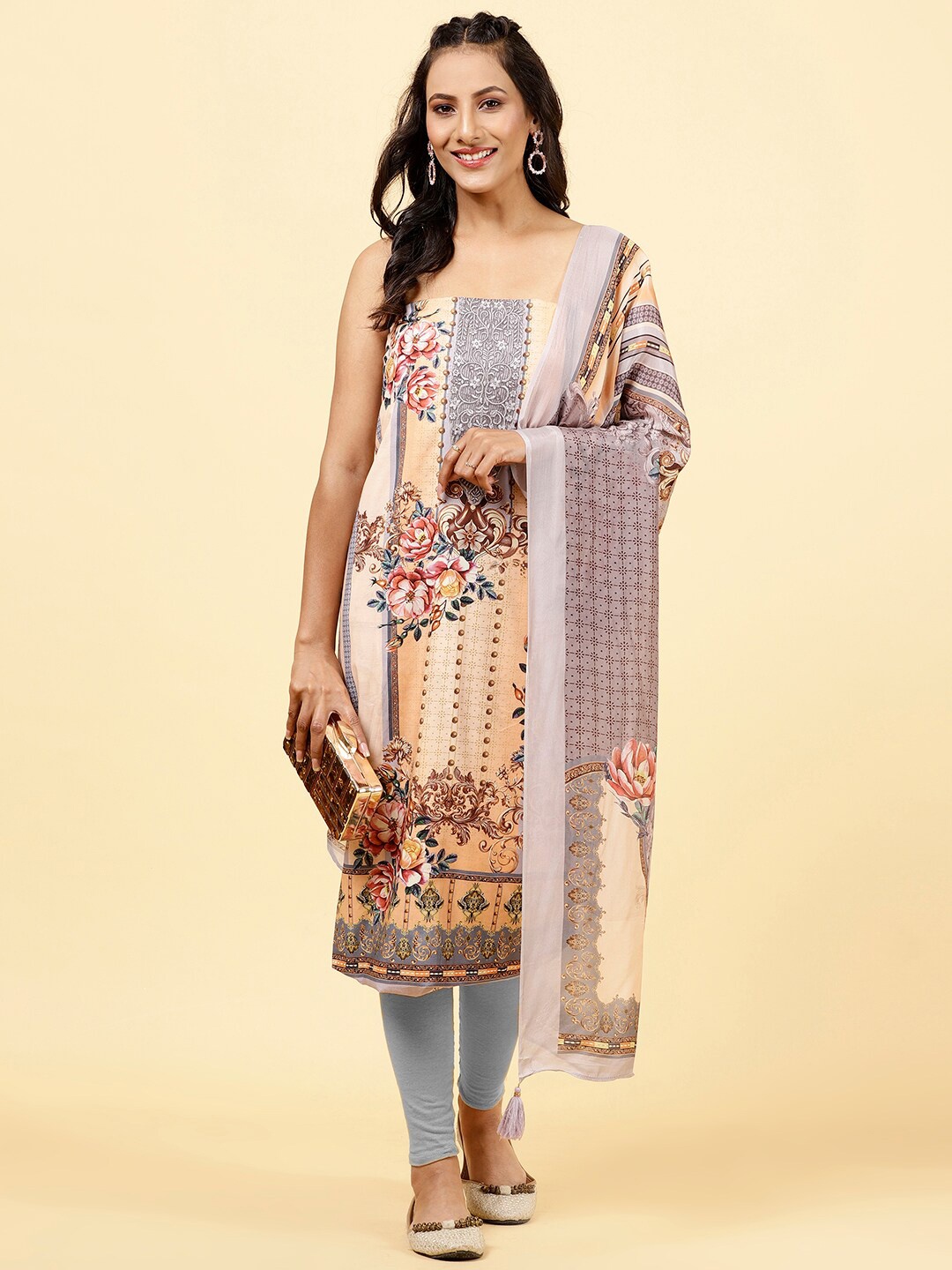 

Meena Bazaar Printed Unstitched Dress Material, Peach