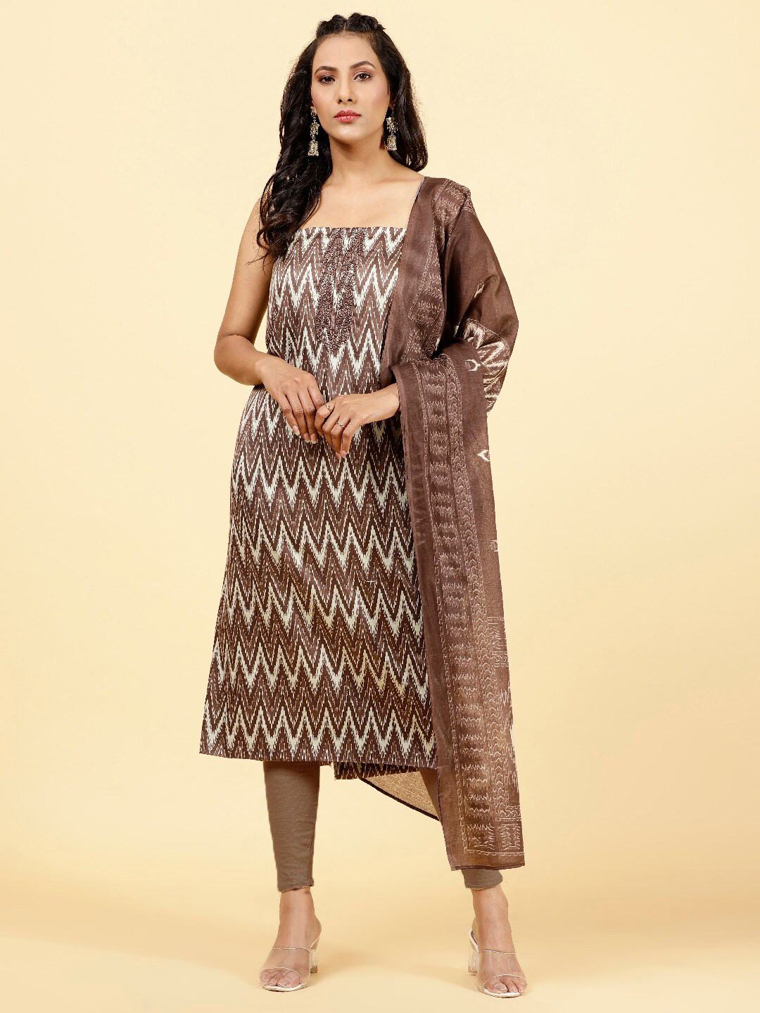 

Meena Bazaar Geometric Printed Unstitched Dress Material, Brown