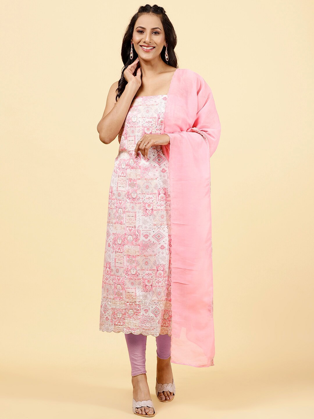 

Meena Bazaar Printed Unstitched Dress Material, Beige