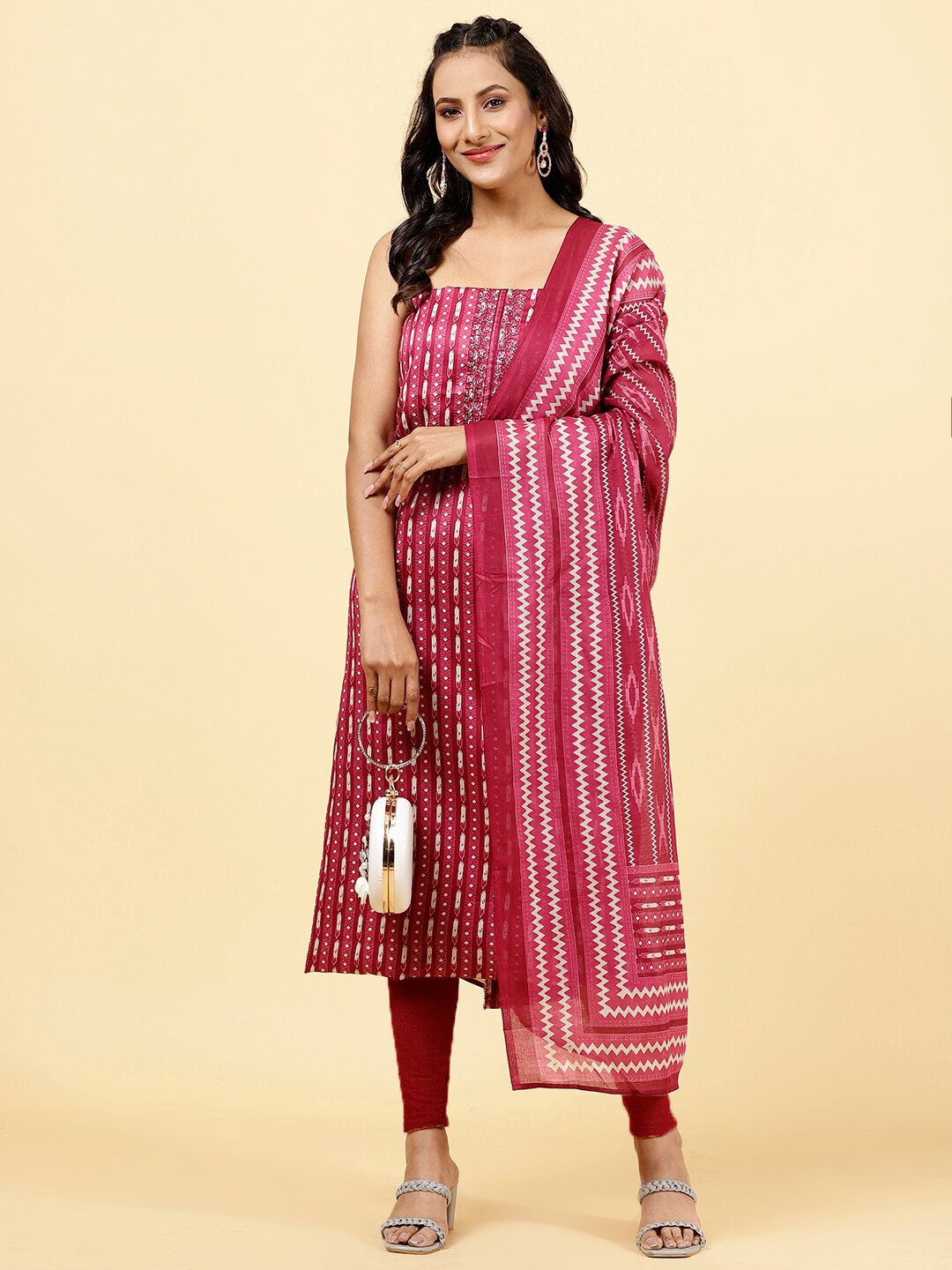 

Meena Bazaar Ethnic Motifs Printed Unstitched Dress Material, Pink