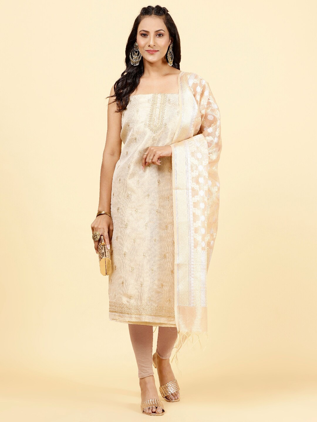 

Meena Bazaar Ethnic Motifs Embroidered Tissue Unstitched Dress Material, Beige