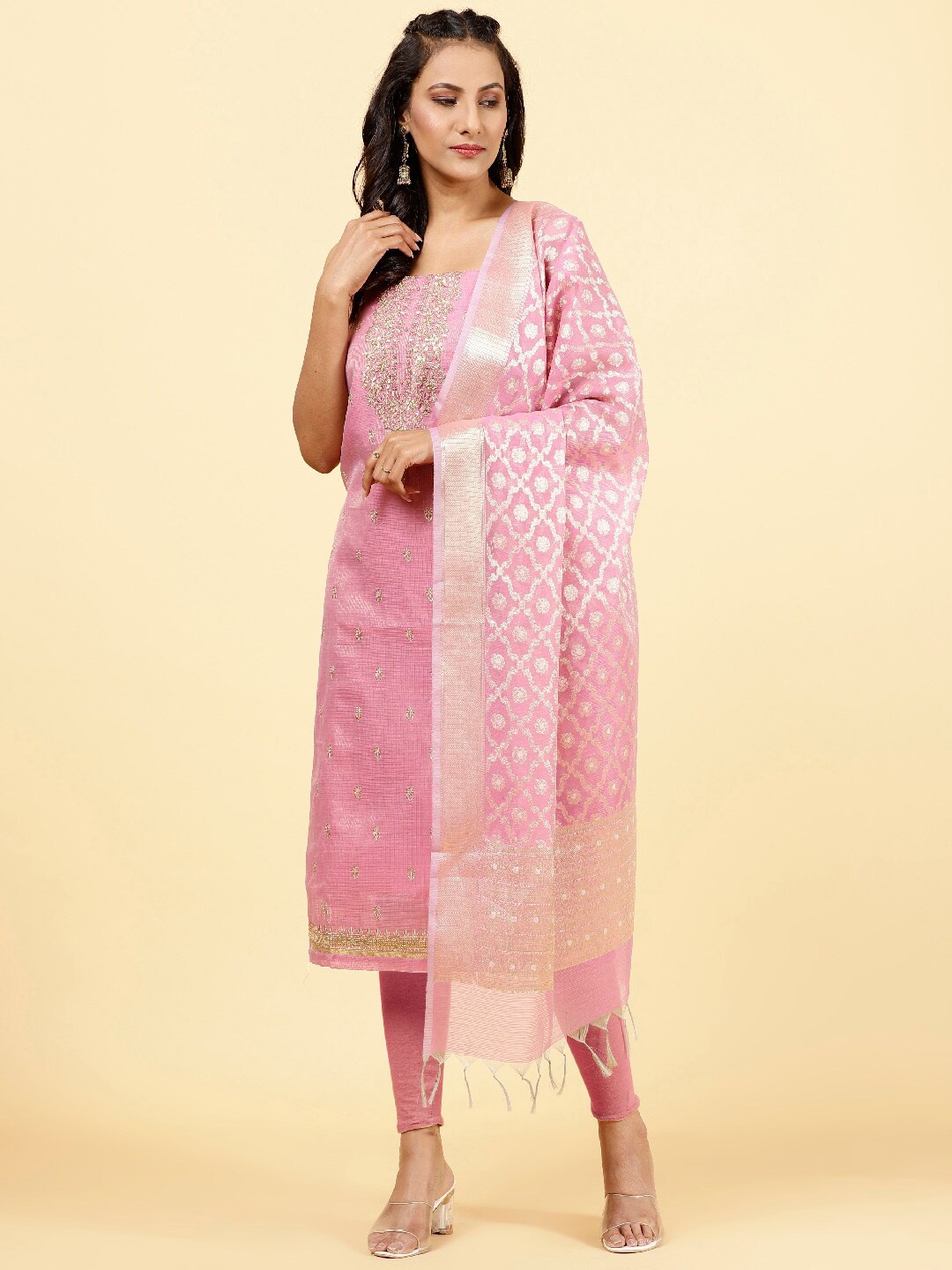 

Meena Bazaar Embroidered Chanderi Unstitched Dress Material, Pink