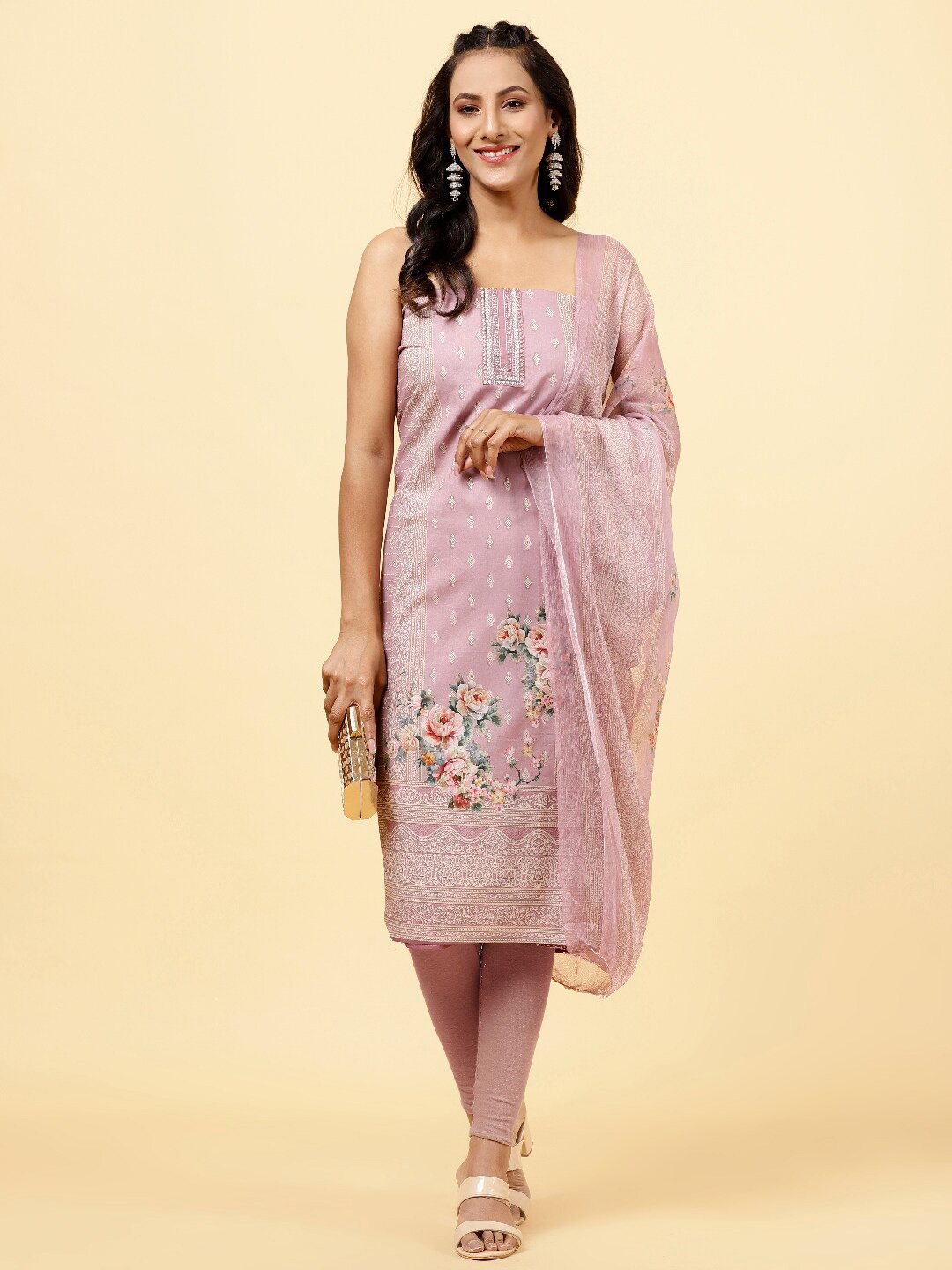 

Meena Bazaar Printed Unstitched Dress Material, Pink