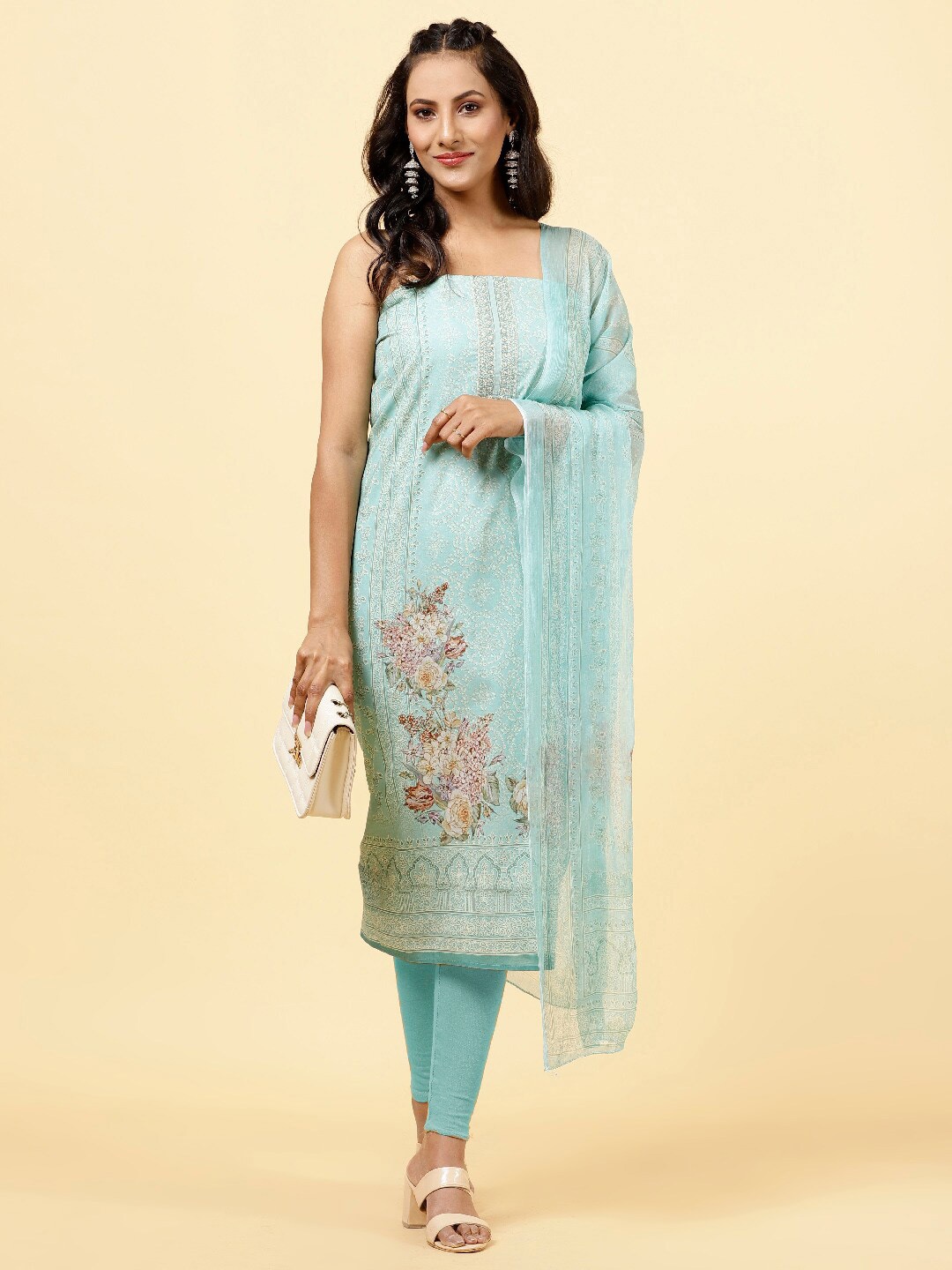 

Meena Bazaar Floral Printed Unstitched Dress Material, Sea green