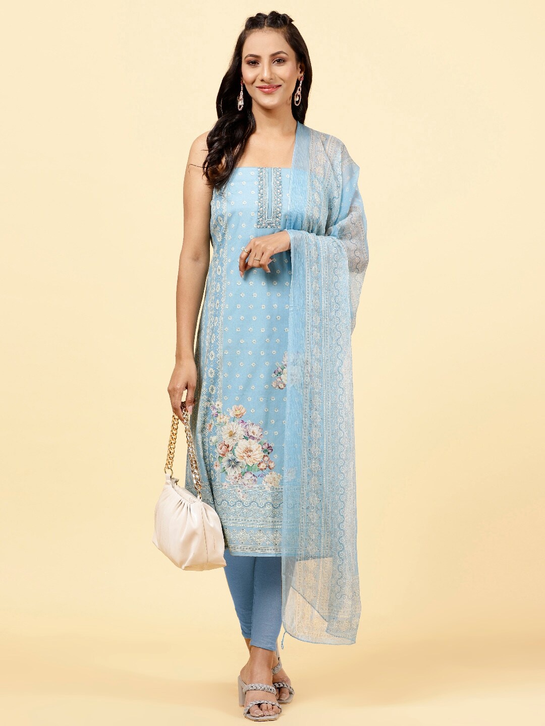 

Meena Bazaar Ethnic Motifs Printed Unstitched Dress Material, Blue