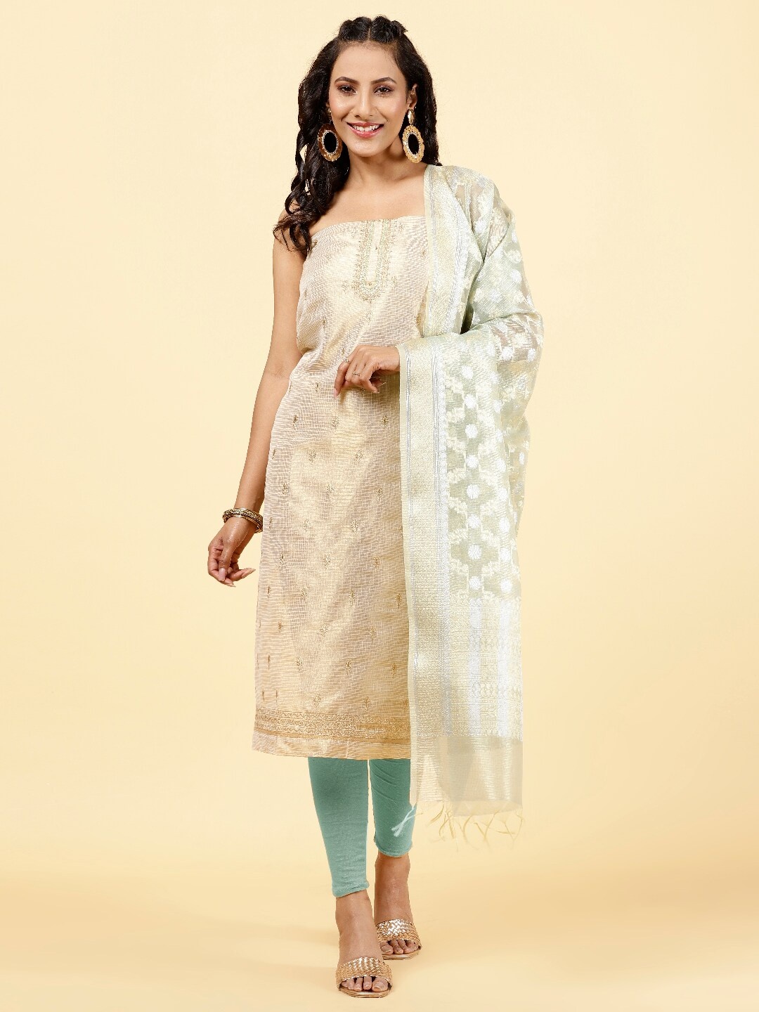 

Meena Bazaar Embroidered Tissue Unstitched Dress Material, Beige