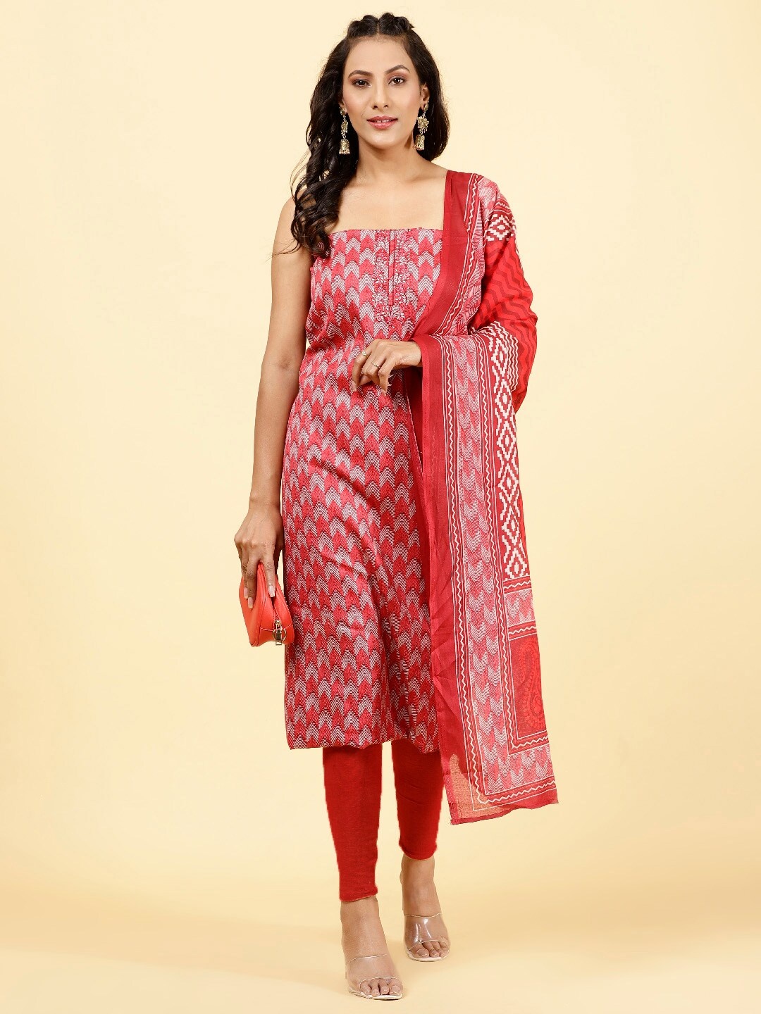 

Meena Bazaar Geometric Printed Unstitched Dress Material, Maroon