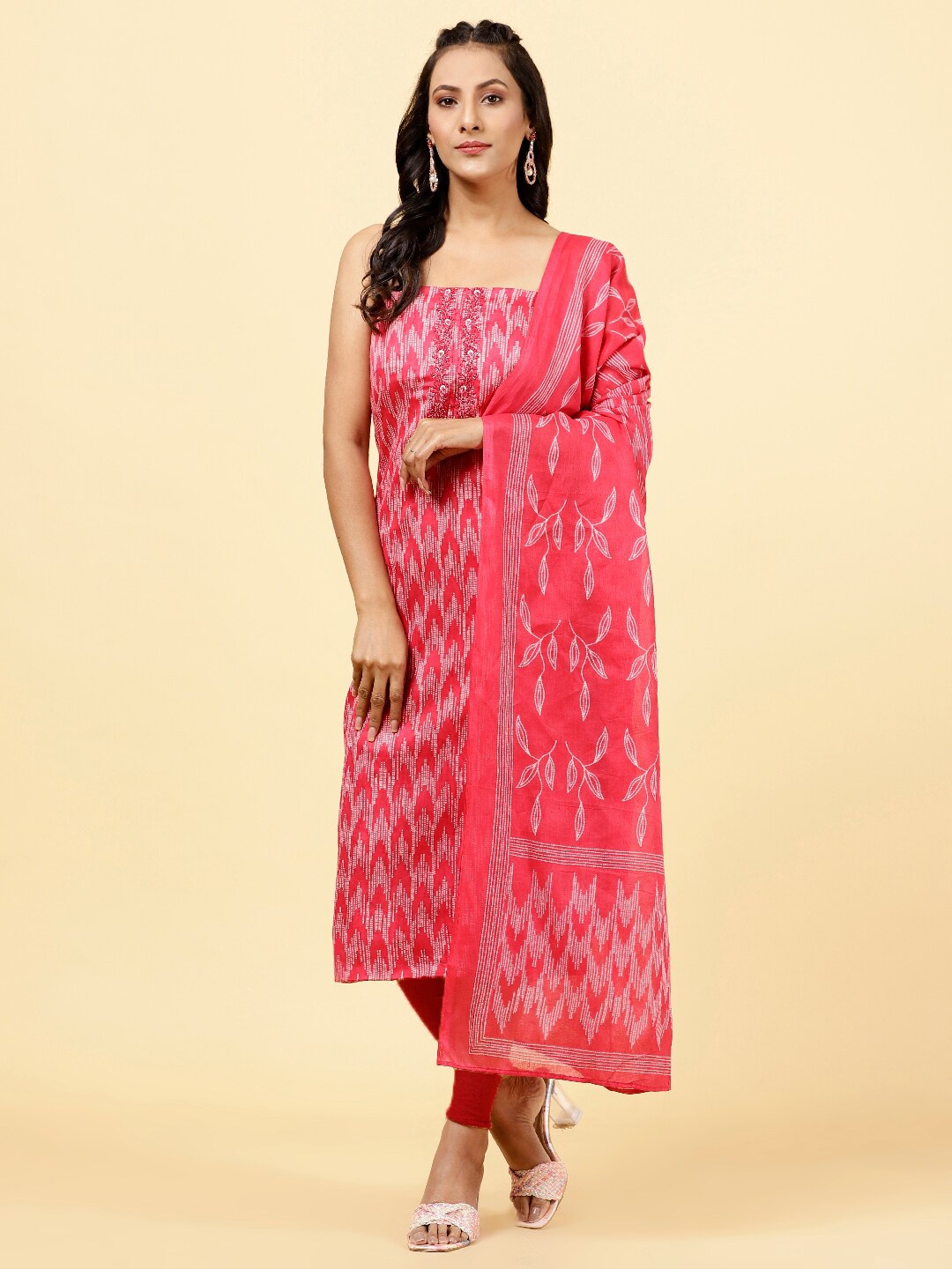 

Meena Bazaar Ethnic Motifs Printed Unstitched Dress Material, Pink