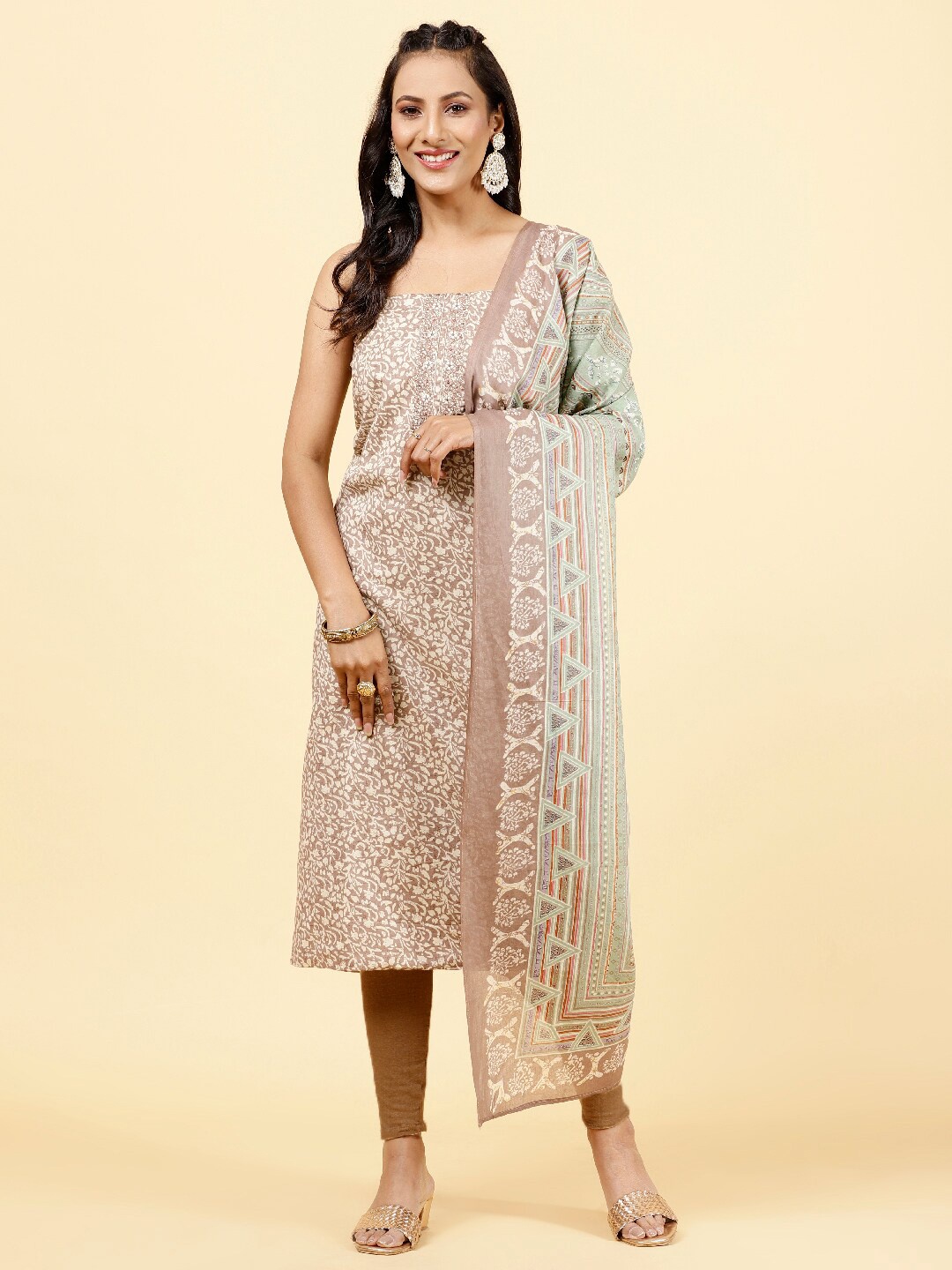 

Meena Bazaar Printed Unstitched Dress Material, Brown