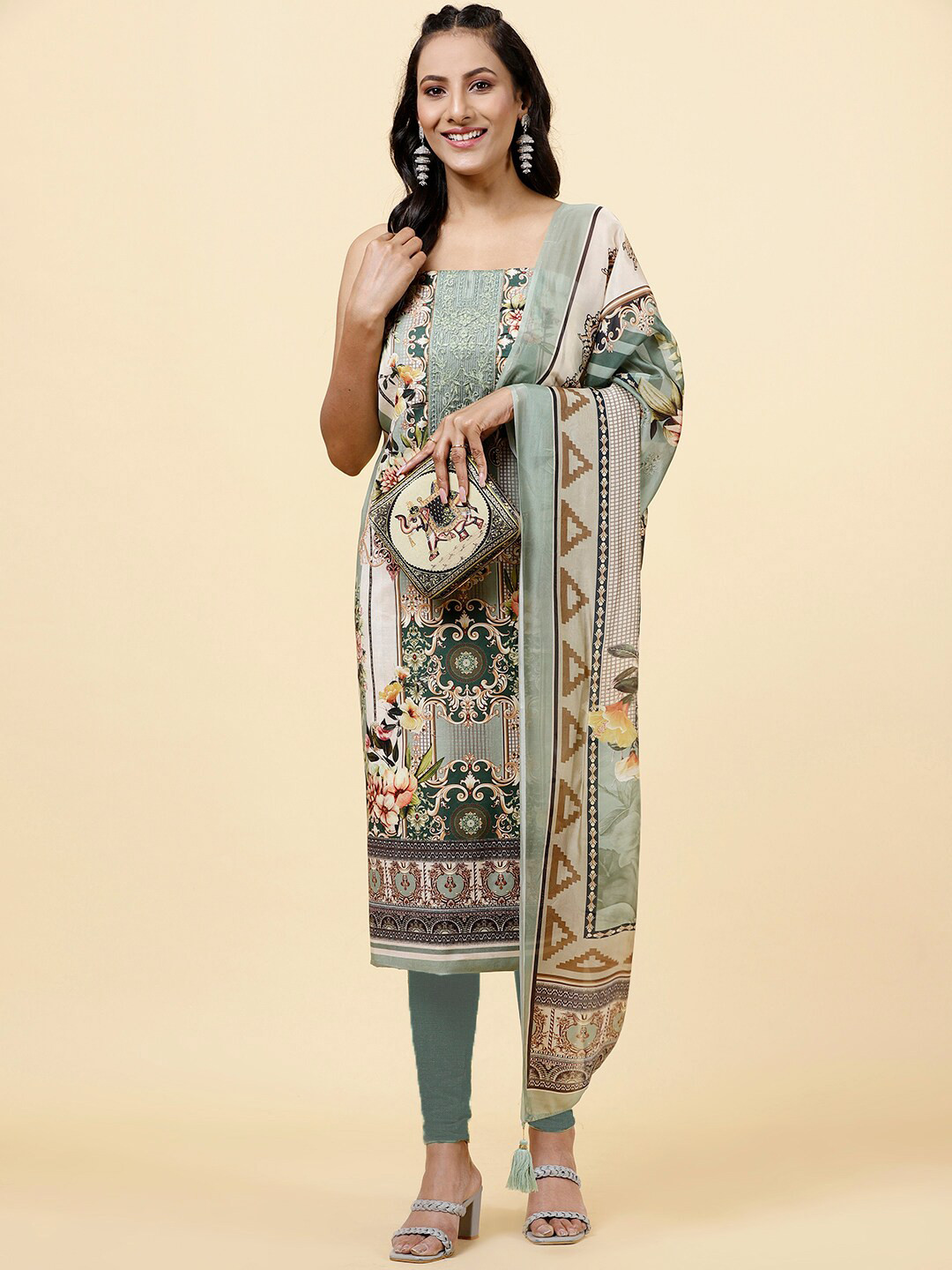 

Meena Bazaar Printed Art Silk Unstitched Dress Material, Beige