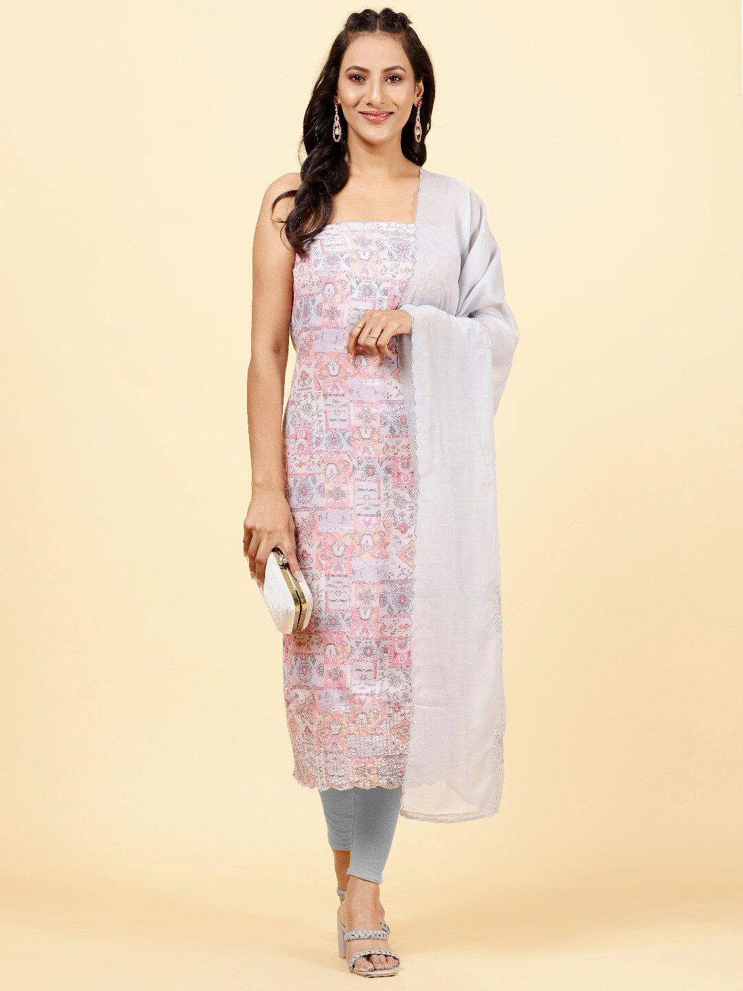 

Meena Bazaar Ethnic Motifs Printed Unstitched Dress Material, Grey