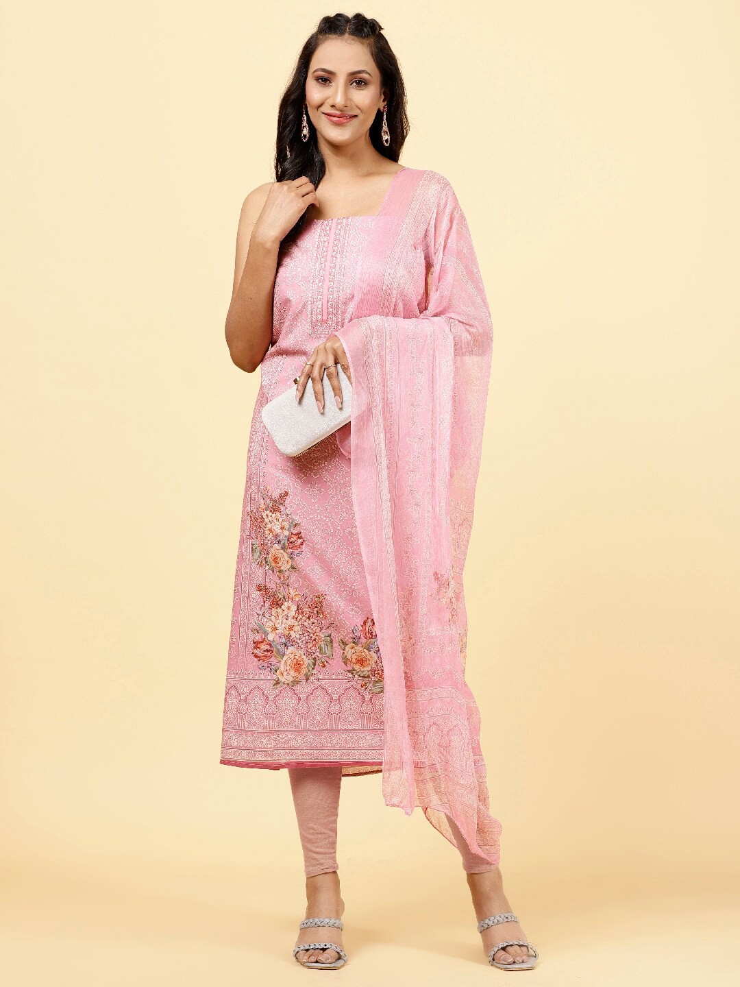 

Meena Bazaar Ethnic Motifs Printed Unstitched Dress Material, Pink