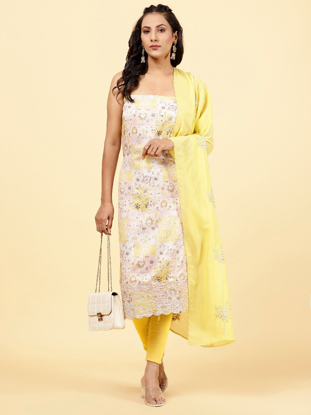

Meena Bazaar Floral Printed Unstitched Dress Material, Beige