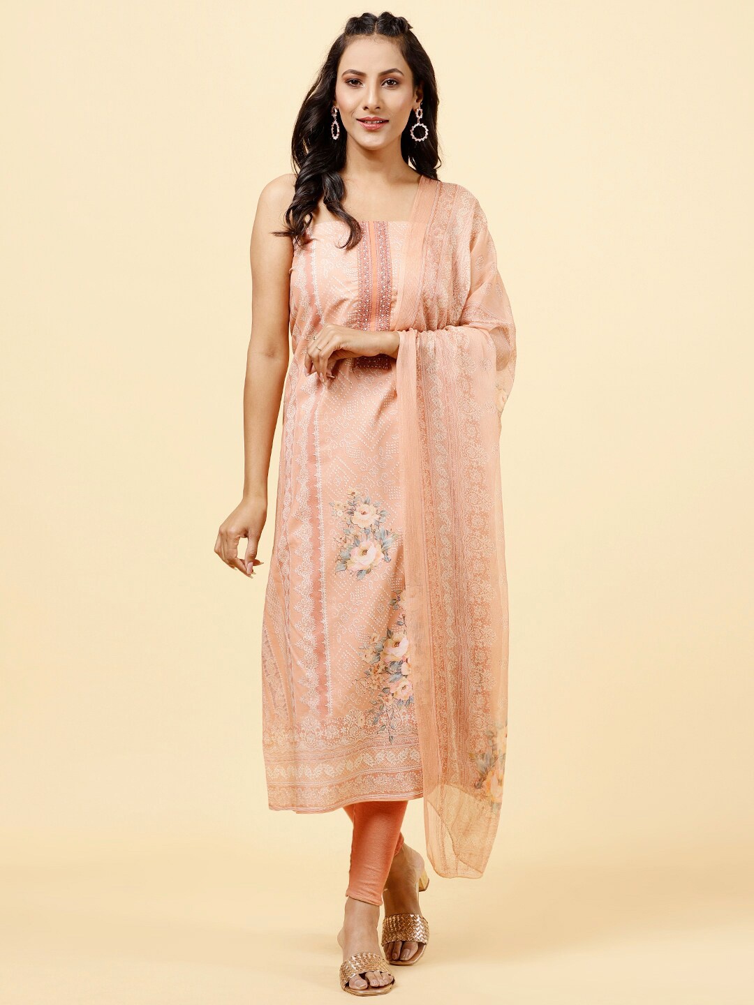 

Meena Bazaar Ethnic Motifs Printed Unstitched Dress Material, Peach