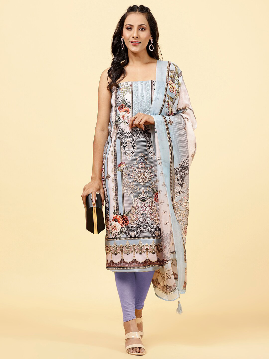 

Meena Bazaar Ethnic Motifs Printed Art Silk Unstitched Dress Material, Beige