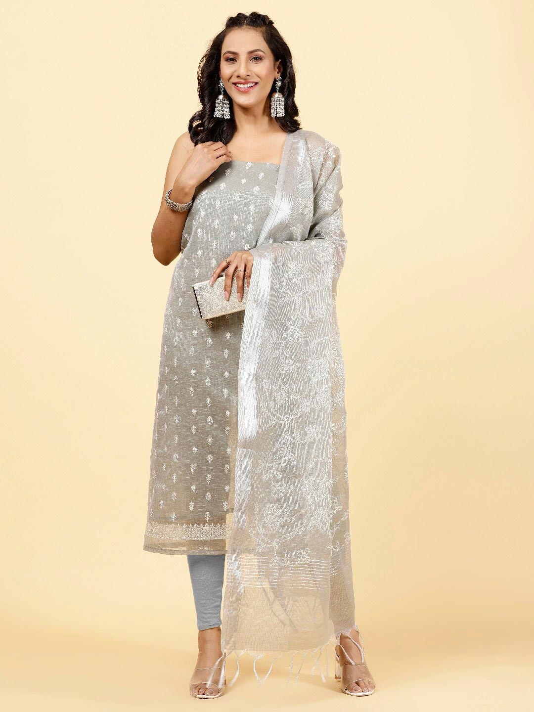

Meena Bazaar Embroidered Art Silk Unstitched Dress Material, Grey