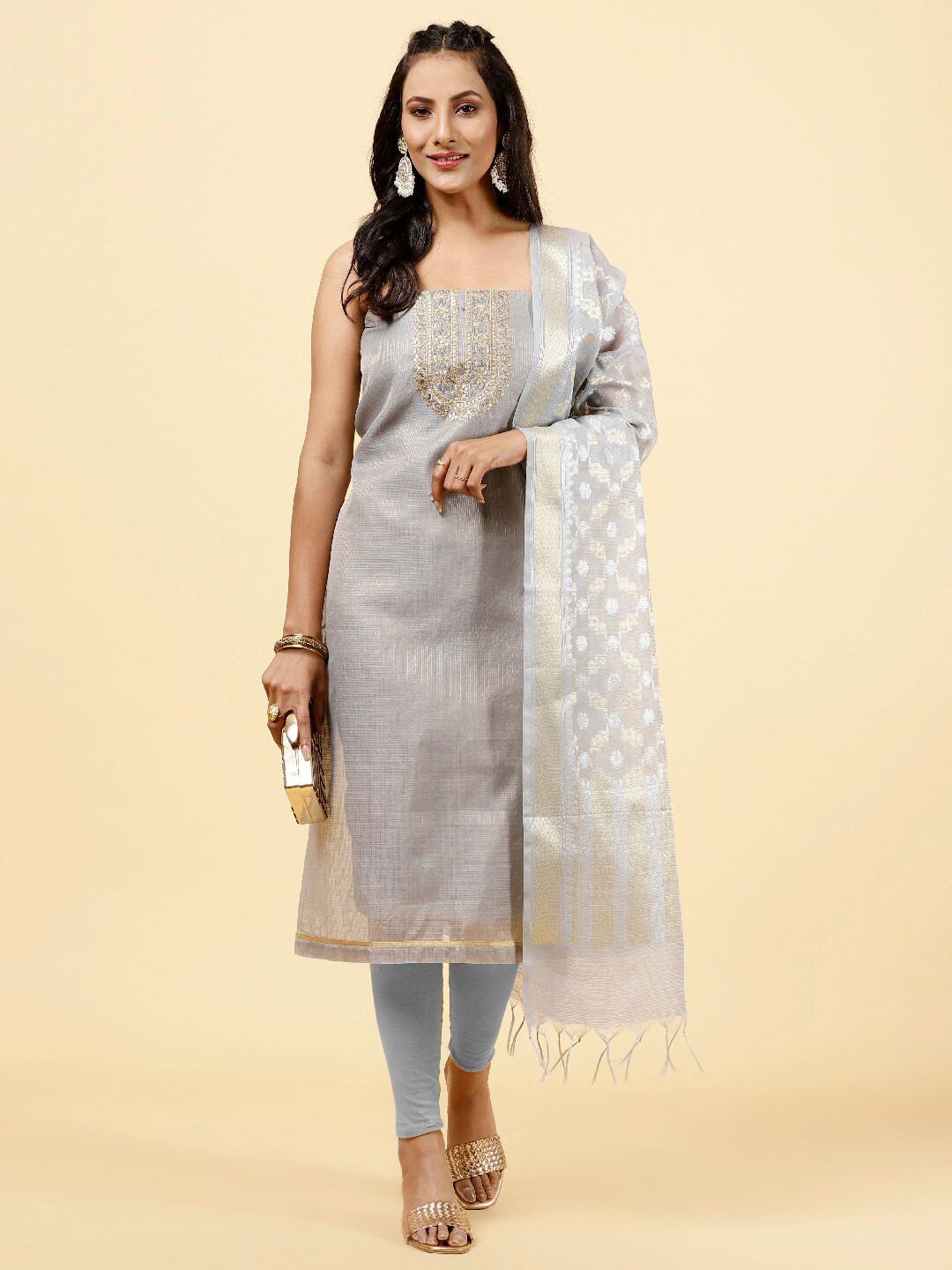 

Meena Bazaar Embroidered Art Silk Unstitched Dress Material, Grey