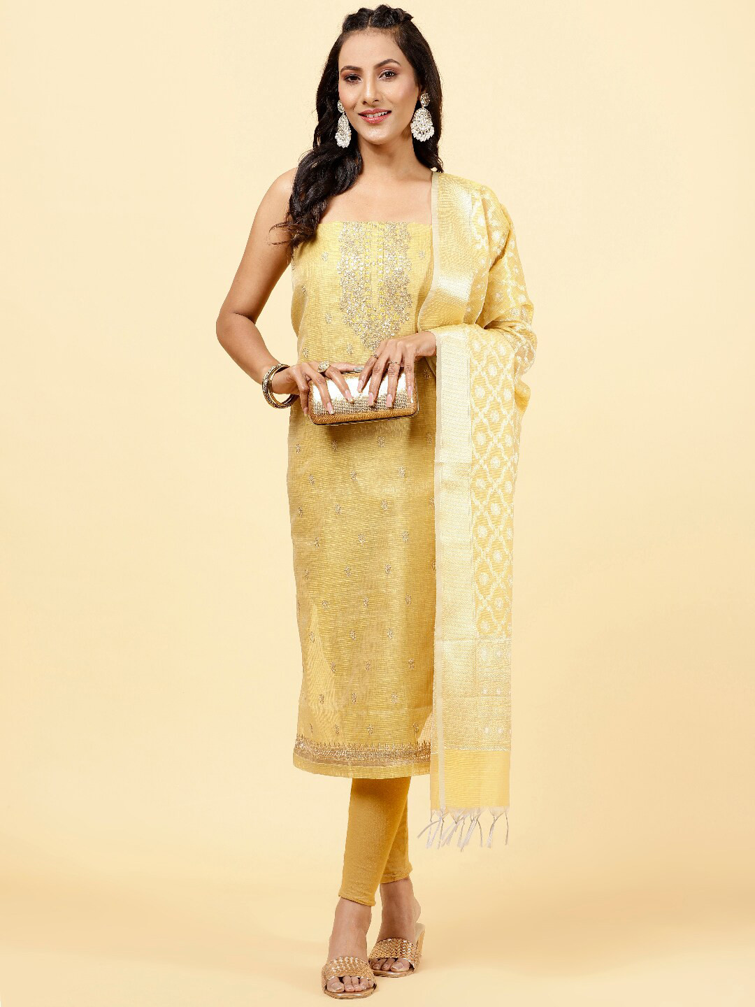 

Meena Bazaar Ethnic Motifs Embroidered Art Silk Unstitched Dress Material, Yellow