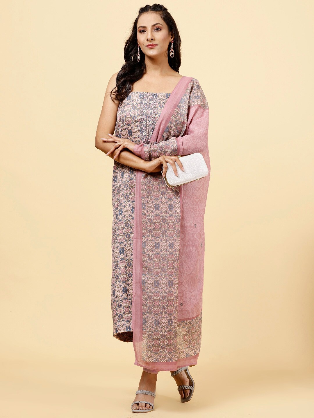 

Meena Bazaar Floral Printed Unstitched Dress Material, Beige