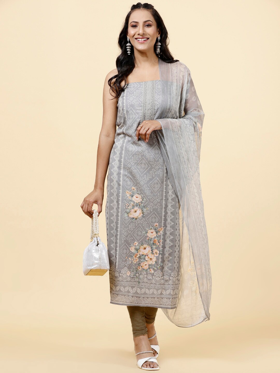 

Meena Bazaar Ethnic Motifs Printed Unstitched Dress Material, Grey