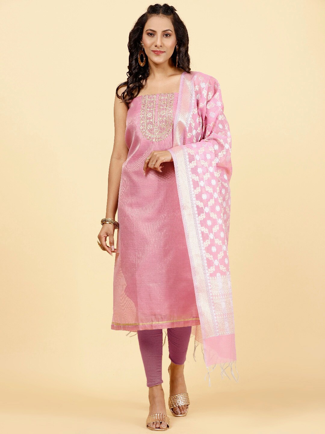 

Meena Bazaar Embroidered Art Silk Unstitched Dress Material, Pink