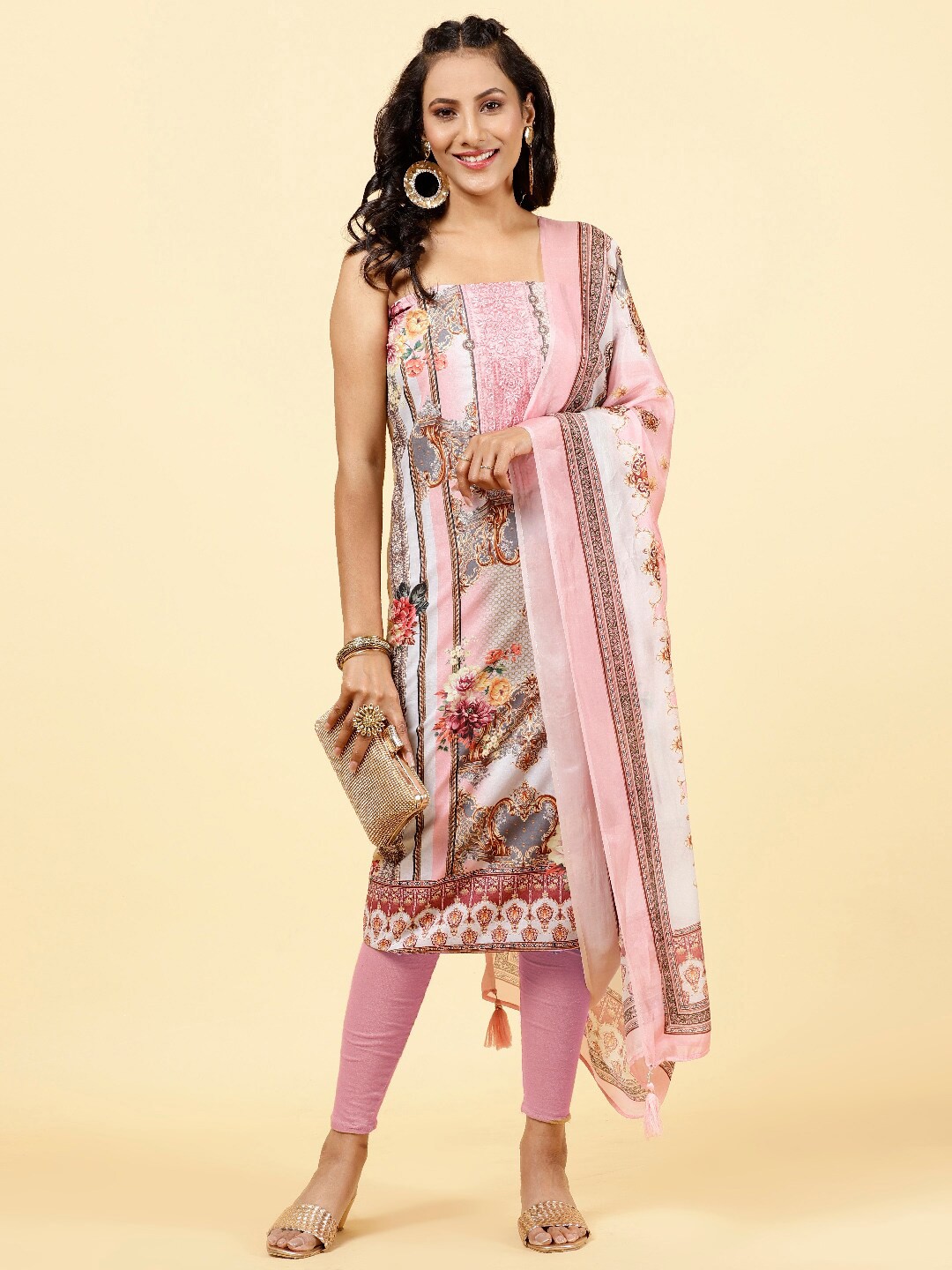 

Meena Bazaar Printed Art Silk Unstitched Dress Material, Grey