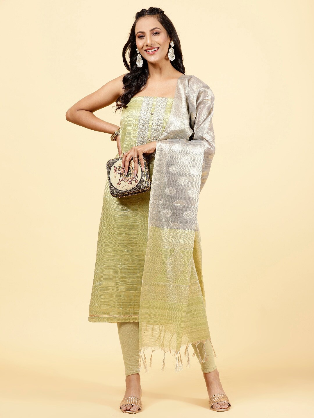 

Meena Bazaar Embroidered Art Silk Unstitched Dress Material, Green