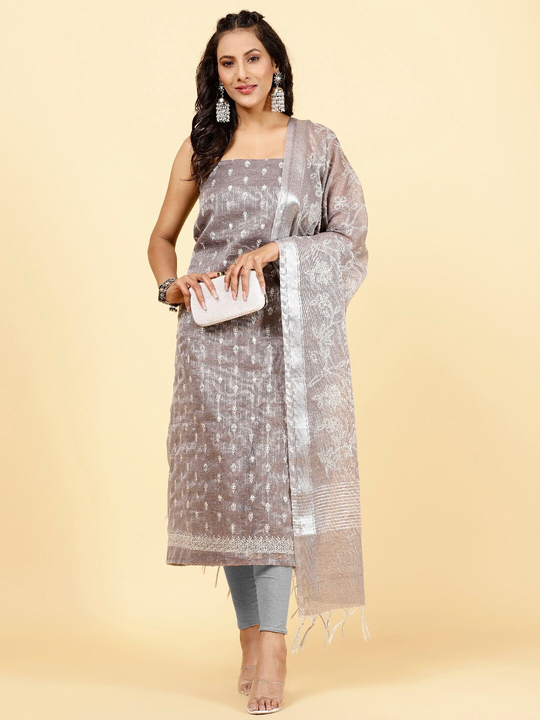

Meena Bazaar Ethnic Motifs Embroidered Art Silk Unstitched Dress Material, Brown