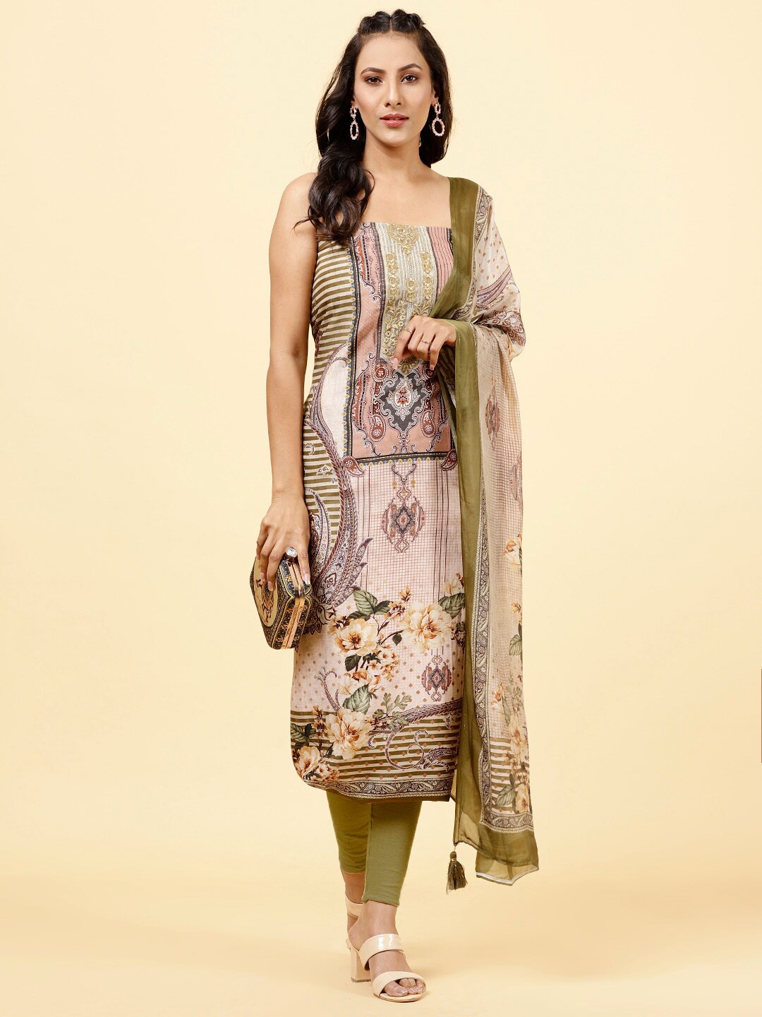 

Meena Bazaar Ethnic Motifs Printed Art Silk Unstitched Dress Material, Beige