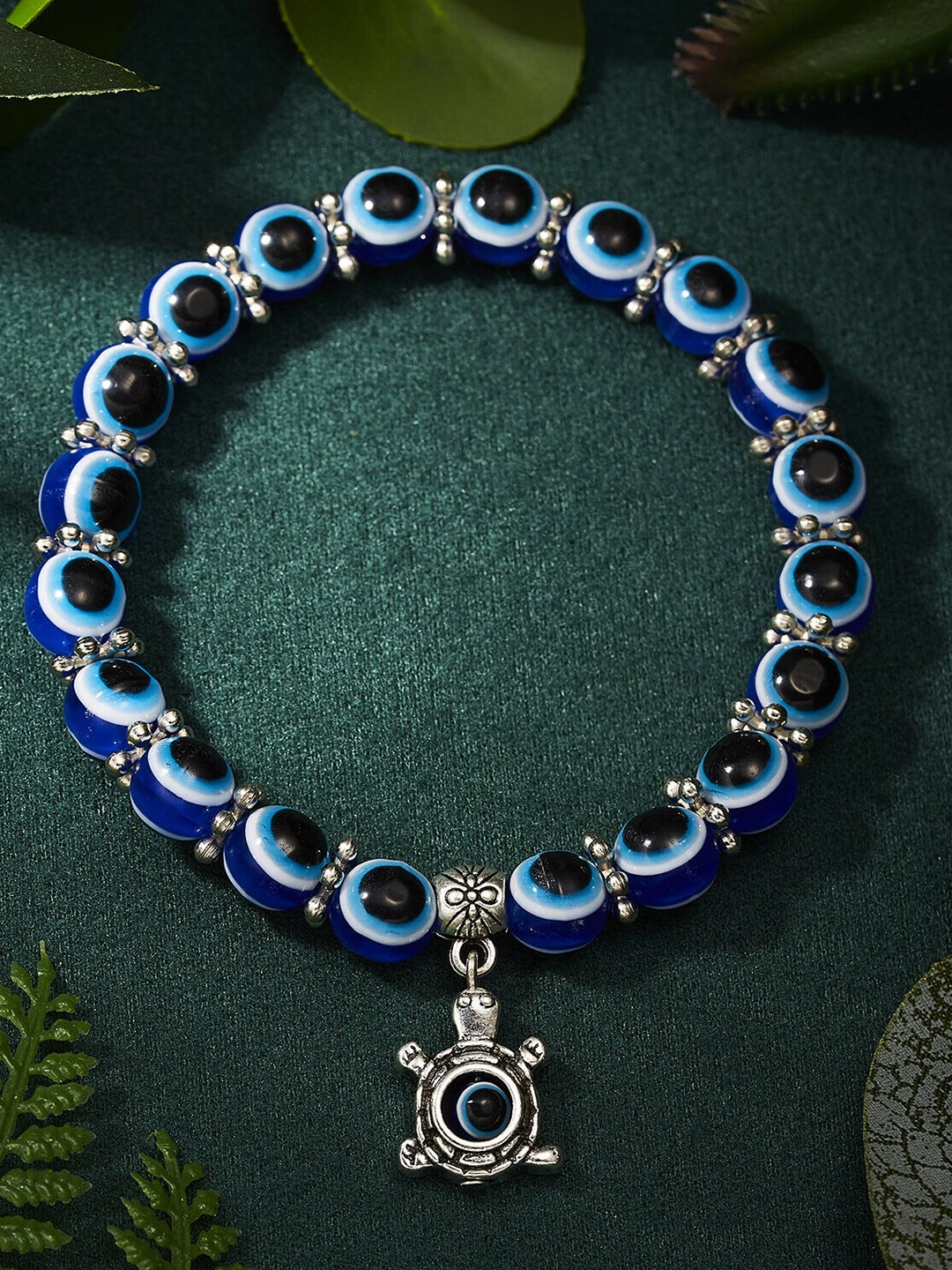 

EL REGALO Women Turtle With Evil Eye Beaded Bracelet, Blue