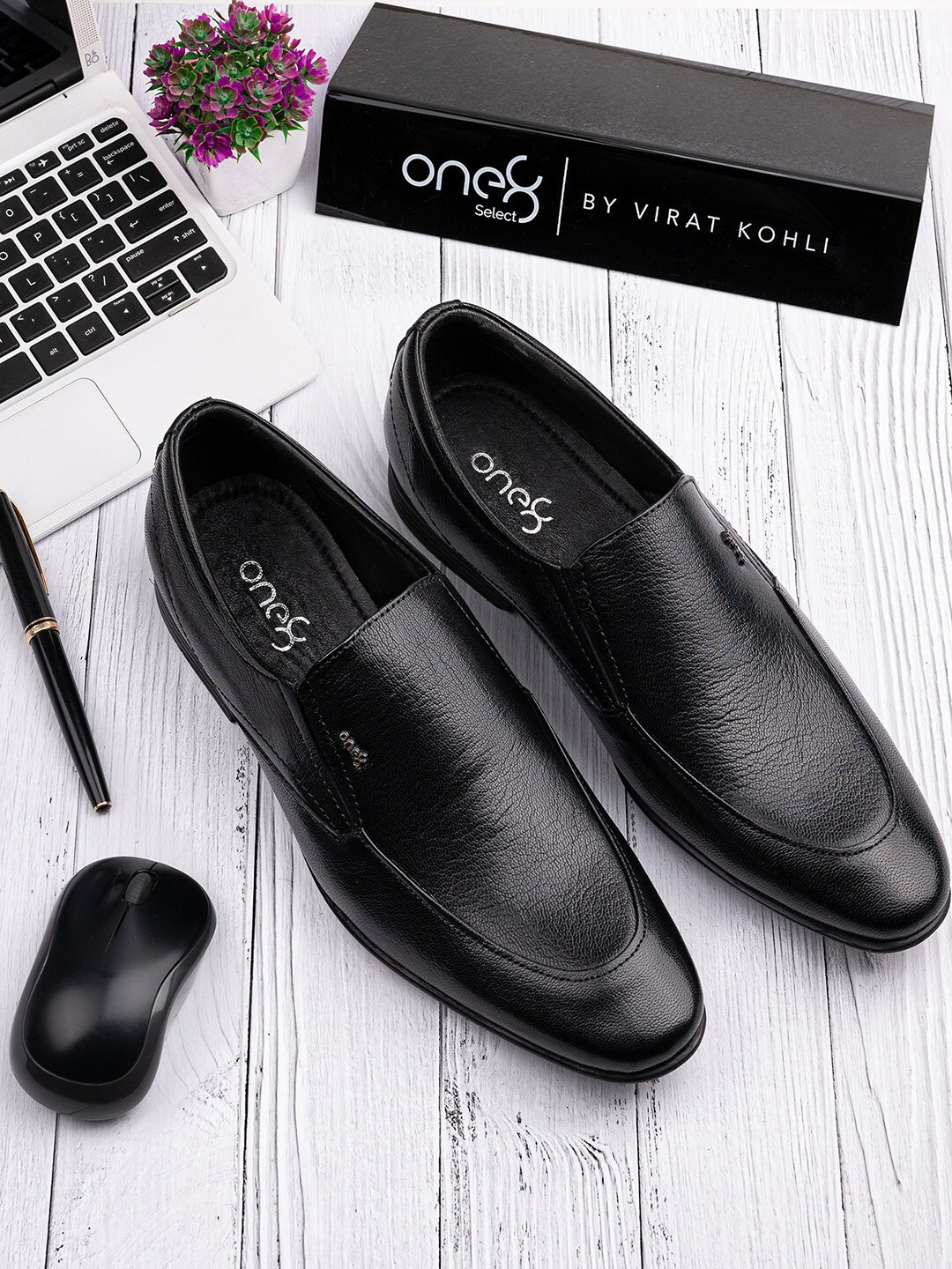 

One8 Men Textured Leather Formal Slip-On Shoes, Black