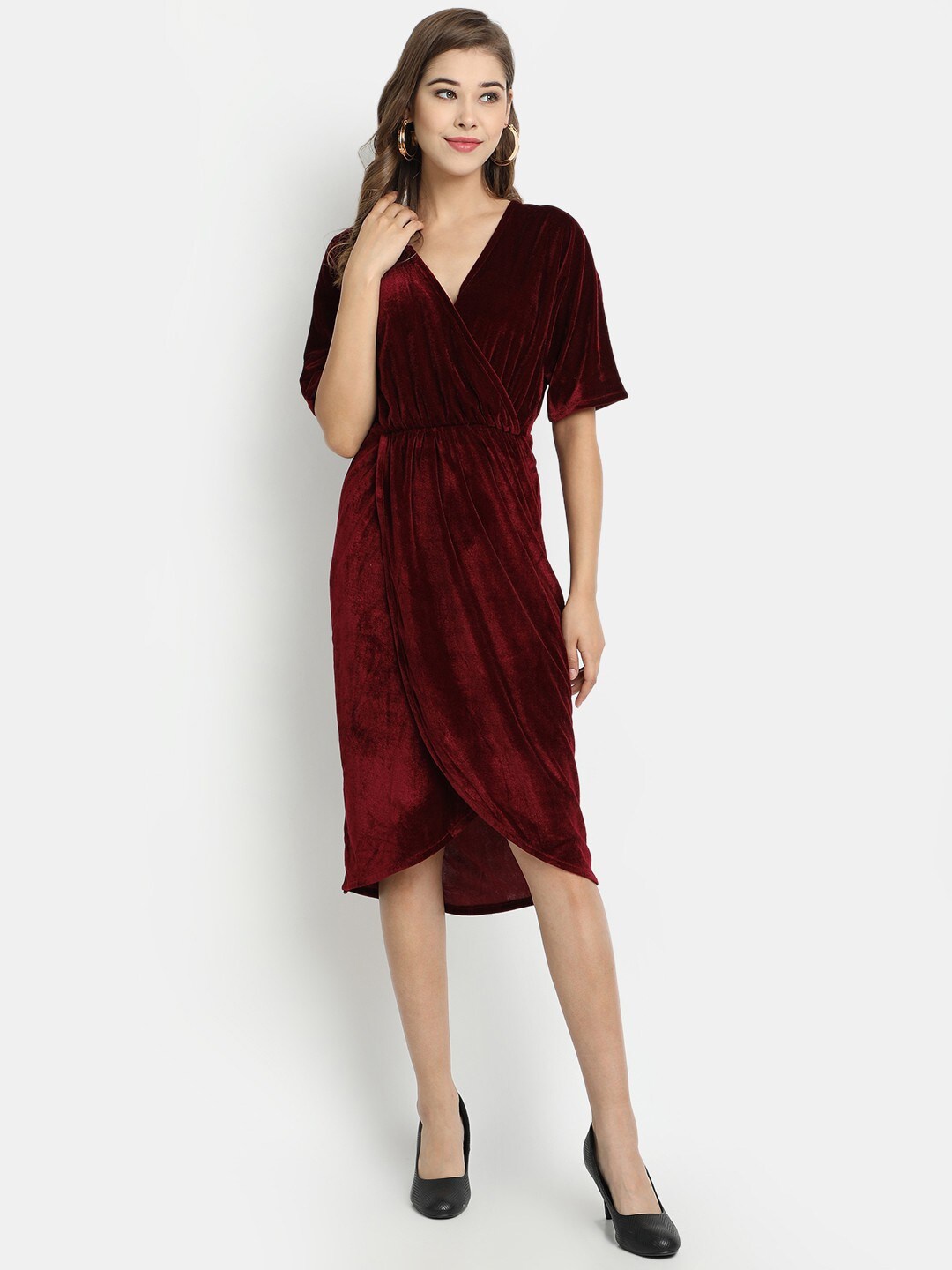 

Golden Kite V- Neck Gathered Detail Sheath Dress, Maroon