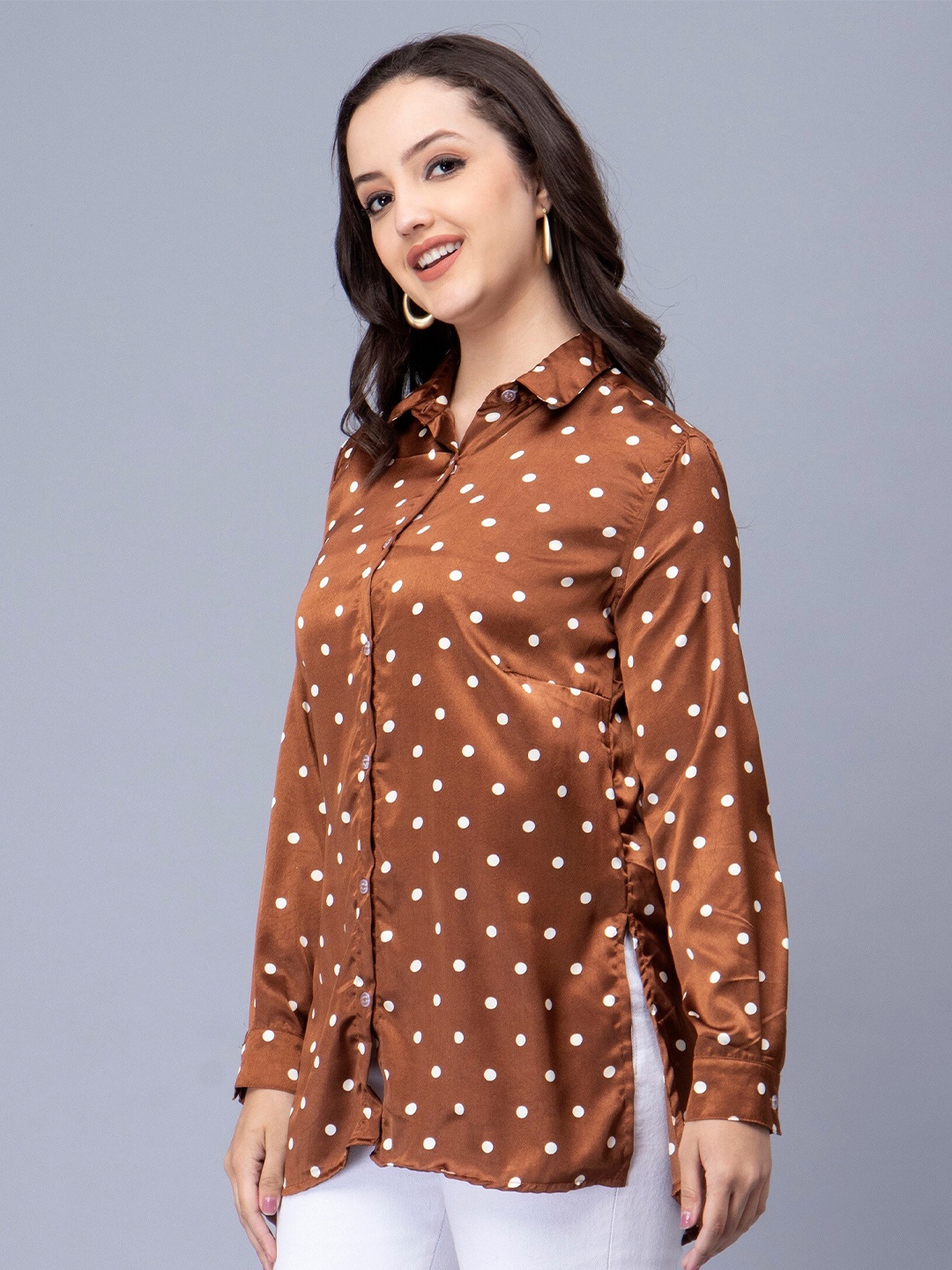 

Sipsew Comfort Polka Dots Printed Satin Casual Shirt, Brown