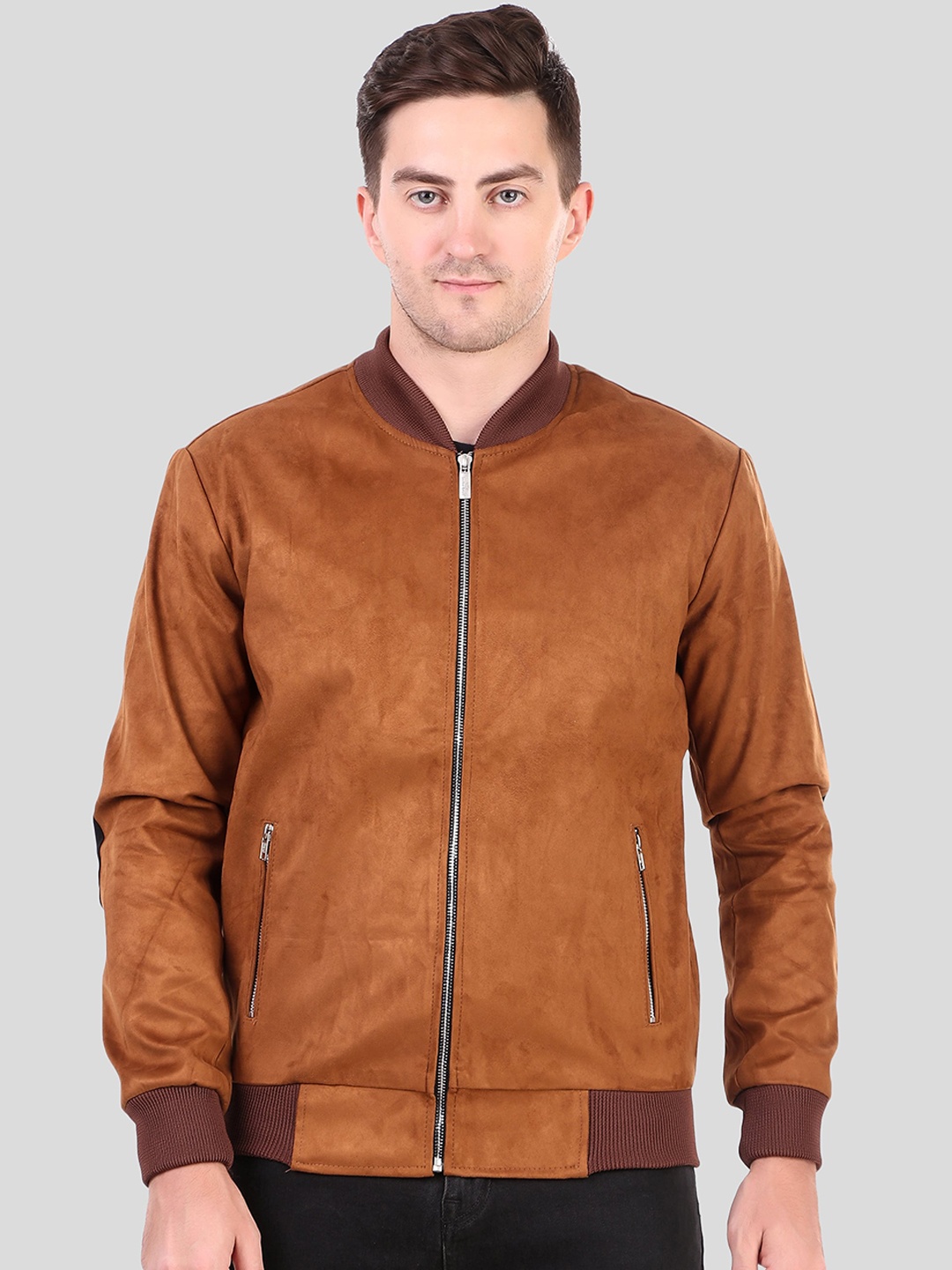 

Leather Retail Stand Collar Lightweight Suede Bomber Jacket, Brown