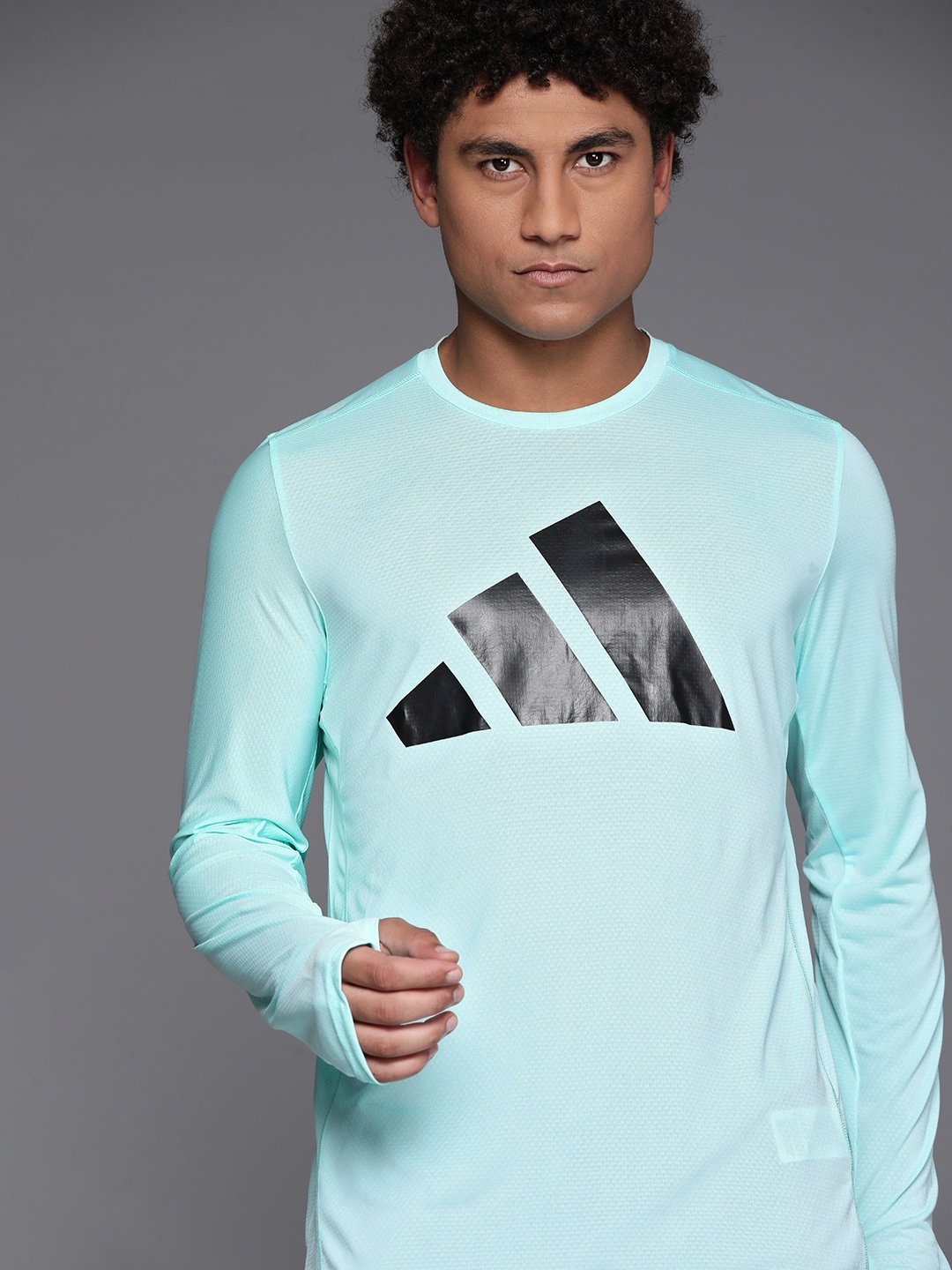

ADIDAS Black Brand Logo Printed Running T-shirt, Turquoise blue