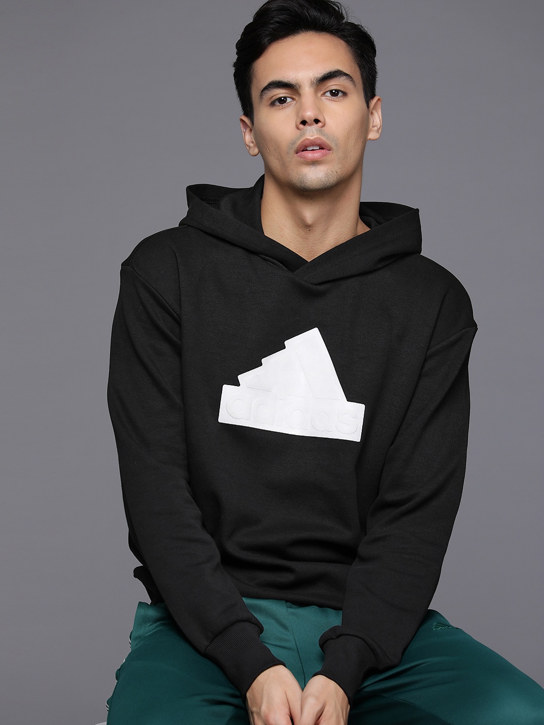 

ADIDAS Men Brand Logo Printed Hooded Sweatshirt, Black