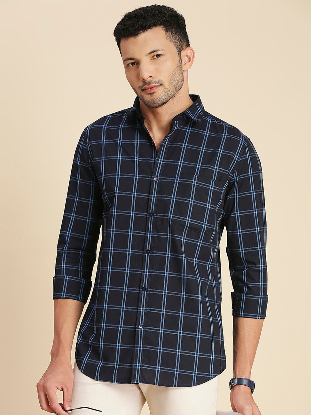 

INVICTUS Original Slim Fit Opaque Checked Casual Shirt, Navy blue