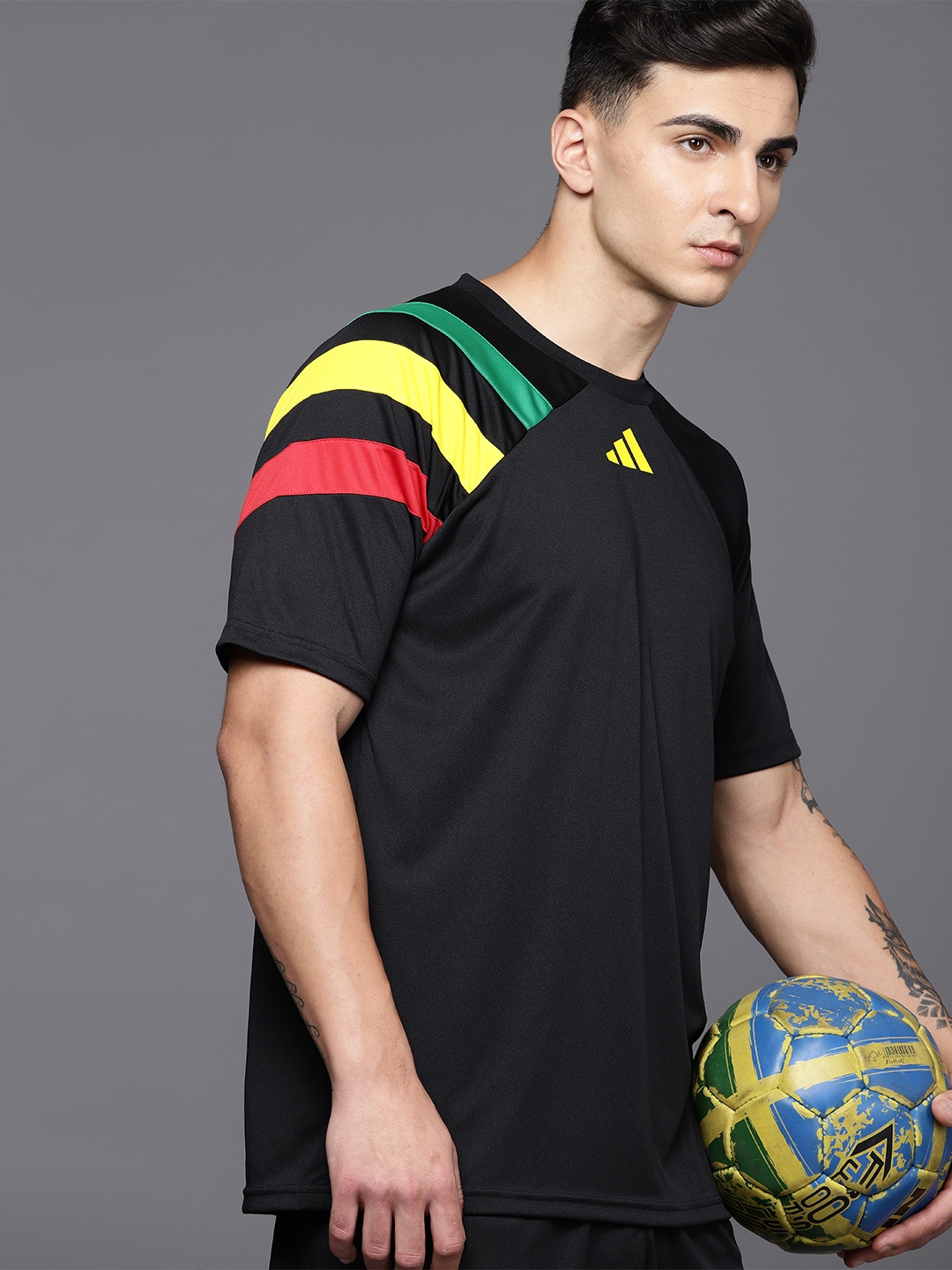 

ADIDAS Striped Regular Fit Aeroready FORTORE23 JSY Football T-shirt with Brand Logo Detail, Black