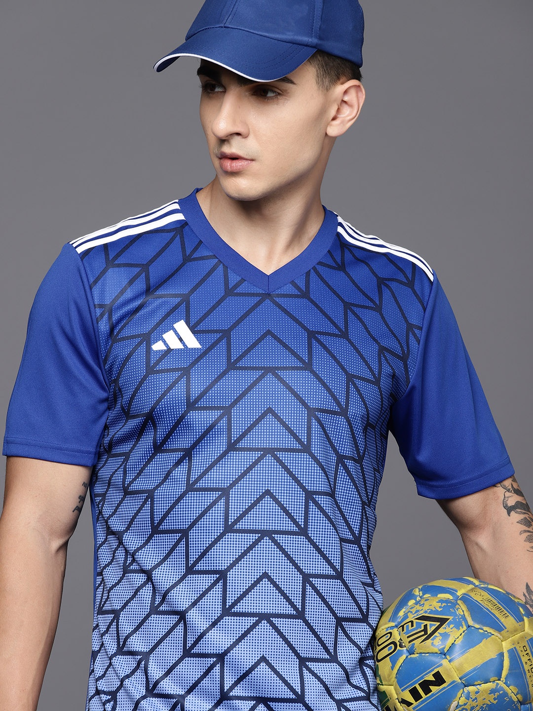 

ADIDAS Geometric Printed Slim Fit T ICON23 JSY Football T-shirt with Striped Detail, Blue